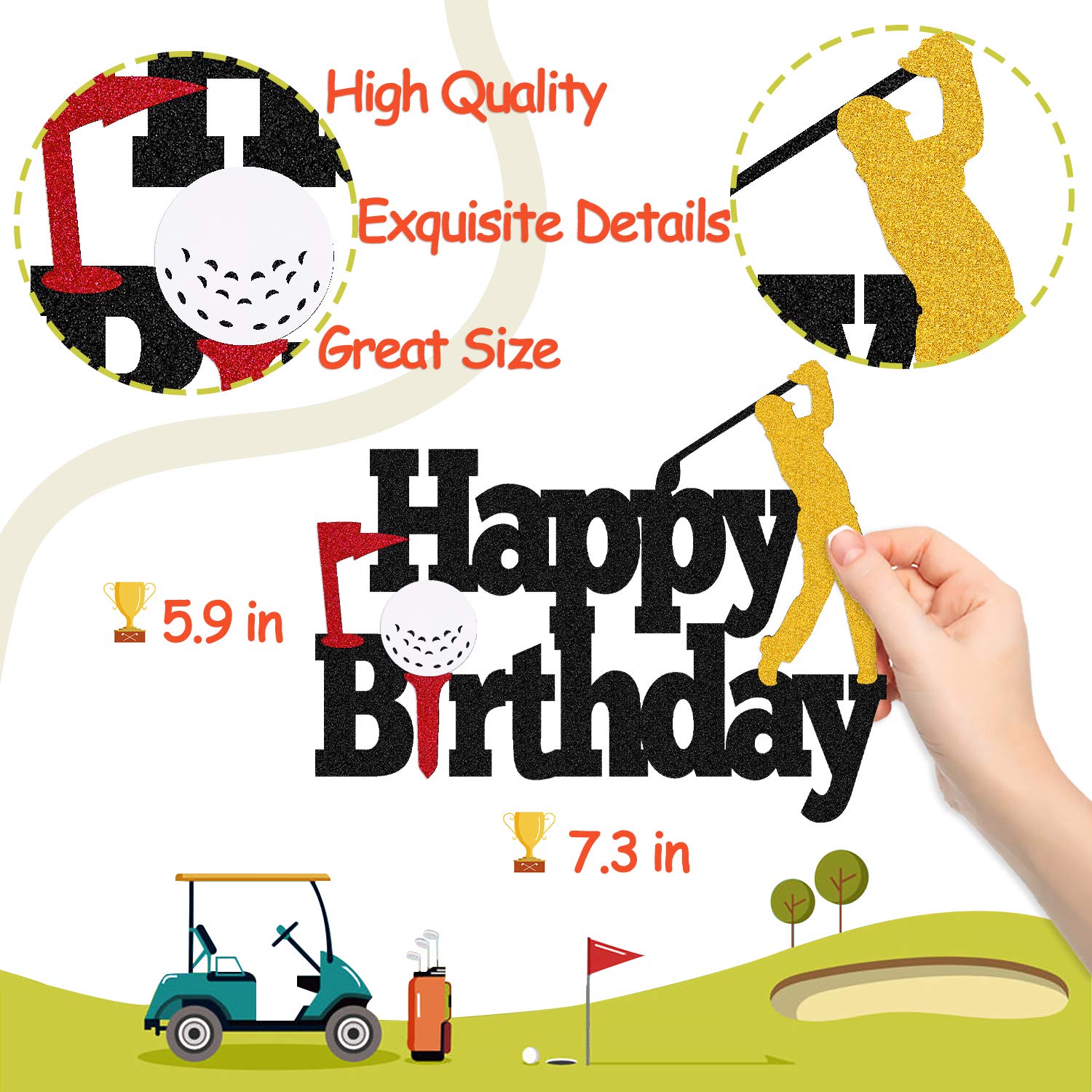 Golf Cake Topper - Happy Birthday Sign with Golf Ball Player Design for Sports Theme Parties | Double Sided Black Sparkle Decor for Men, Women & Kids Birthday Cakes | Perfect for Golf Lover's Birthday Celebration, Retirement Party & Sports Themed Events