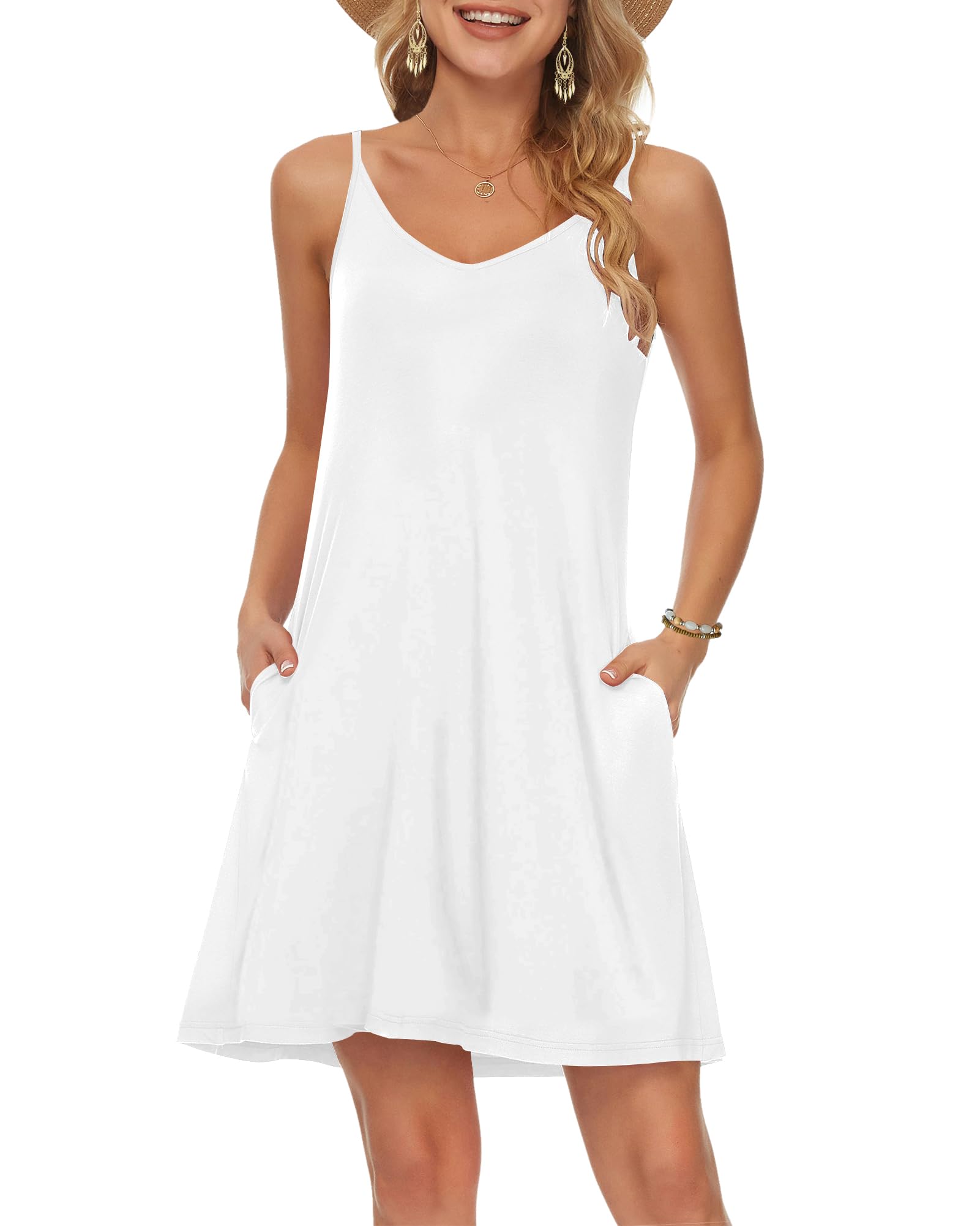 MISFAY Women's Summer Spaghetti Strap Casual Swing Tank Dress with Pockets - Beach Cover Up, Poolside Lounge, Vacation Outfit, Boho Chic Style