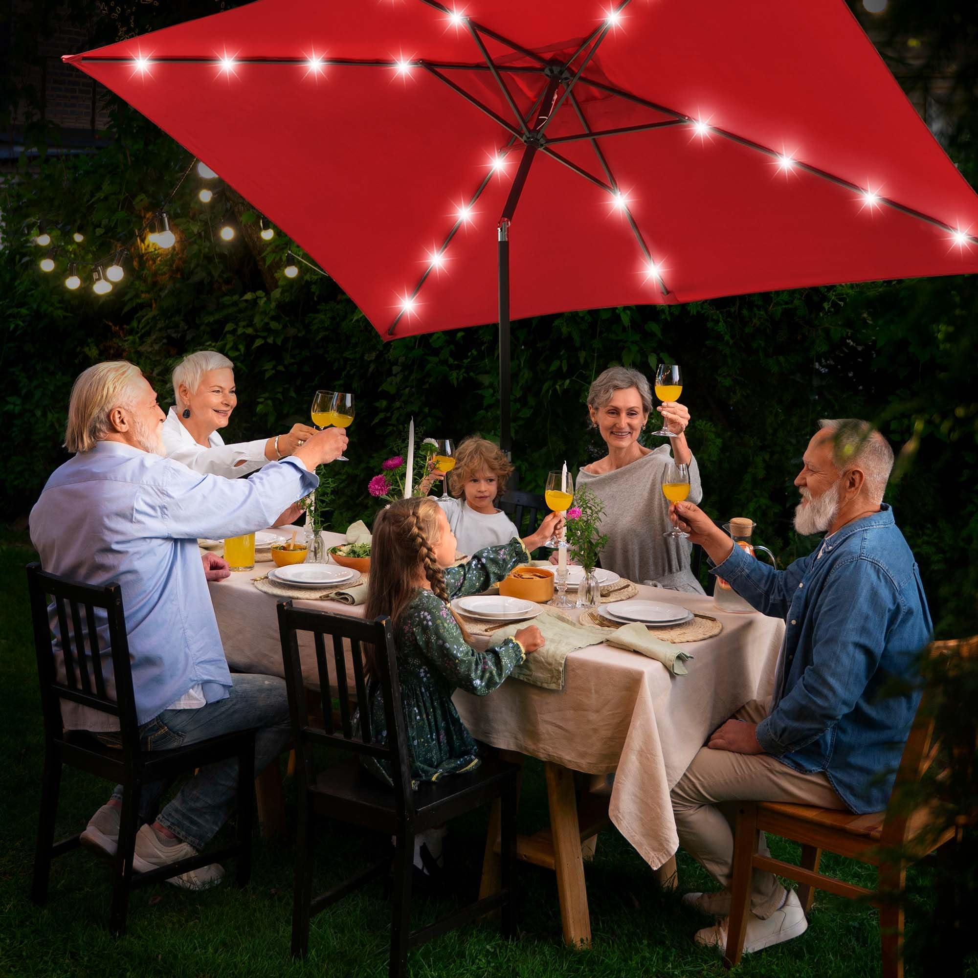 Yescom 10x6.5ft Red Outdoor Patio Umbrella with Solar LED Lights - Crank & Tilt Aluminum Market Umbrella for Beach, Poolside, Garden & Backyard Relaxation