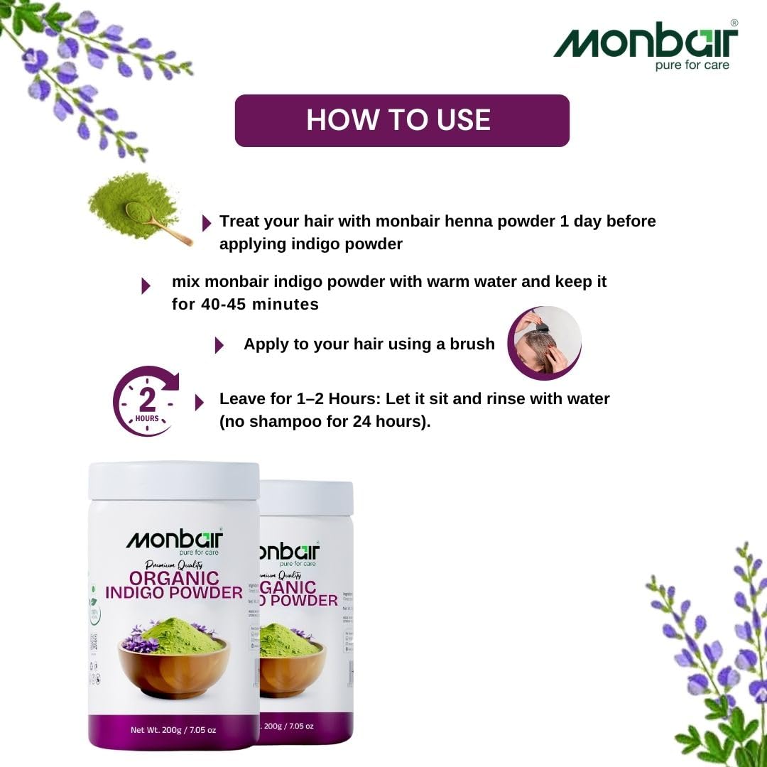MONBAIR Indigo Leaf Powder Hair Pack - 100% Natural & Chemical-Free Herbal Hair Color (200g) | Safe & Organic Gray Coverage for Men & Women | DIY Hair Dye at Home for Shiny, Healthy Hair