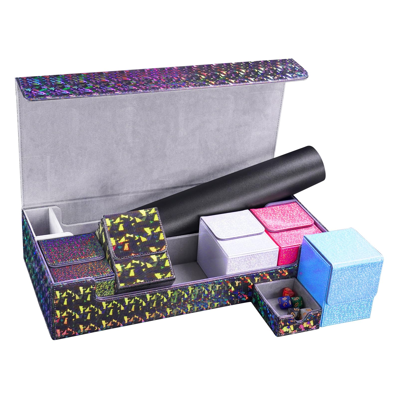 Premium Leather TCG/MTG Deck Box with 5 Small Storage Boxes & Play Mat - Holds 1000+ Magic/Yugioh Trading Cards (Sparkly Black) - Perfect for Card Game Tournaments, Collectors & Home Game Nights