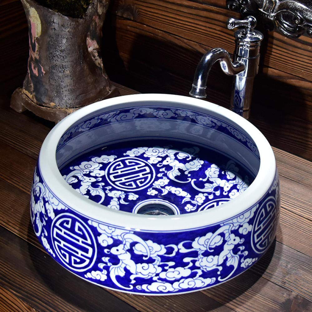 Blue and White Porcelain Bathroom Vessel Sink - Handmade Ceramic Countertop Basin with Retro Design | Perfect for Modern, Farmhouse & Vintage Bathroom Decor | Includes Drain Assembly