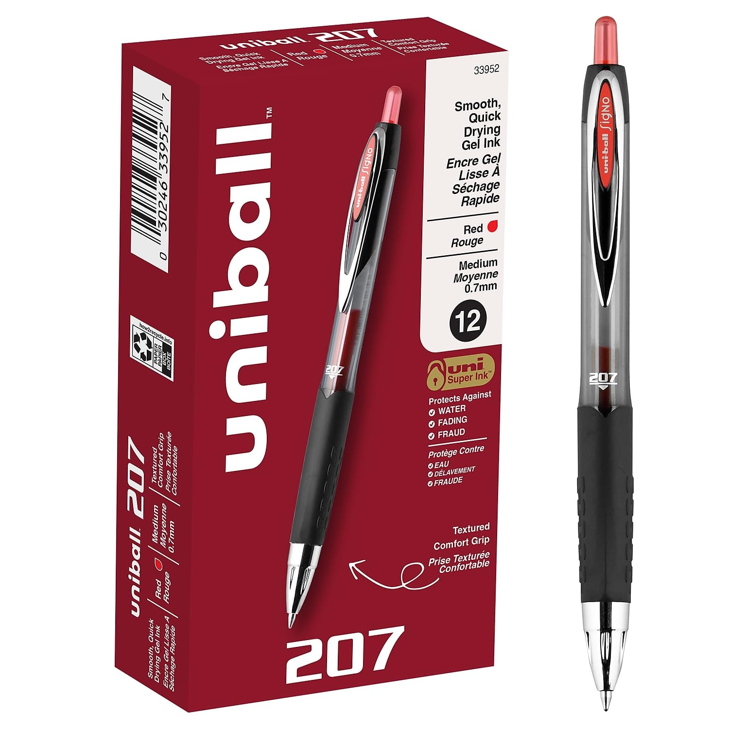 uni-ball 33952 Signo Gel 207 Retractable Roller Ball Pen - Medium Point, Red Ink (Pack of 12) - Perfect for Office, School, Note Taking & Gift Giving