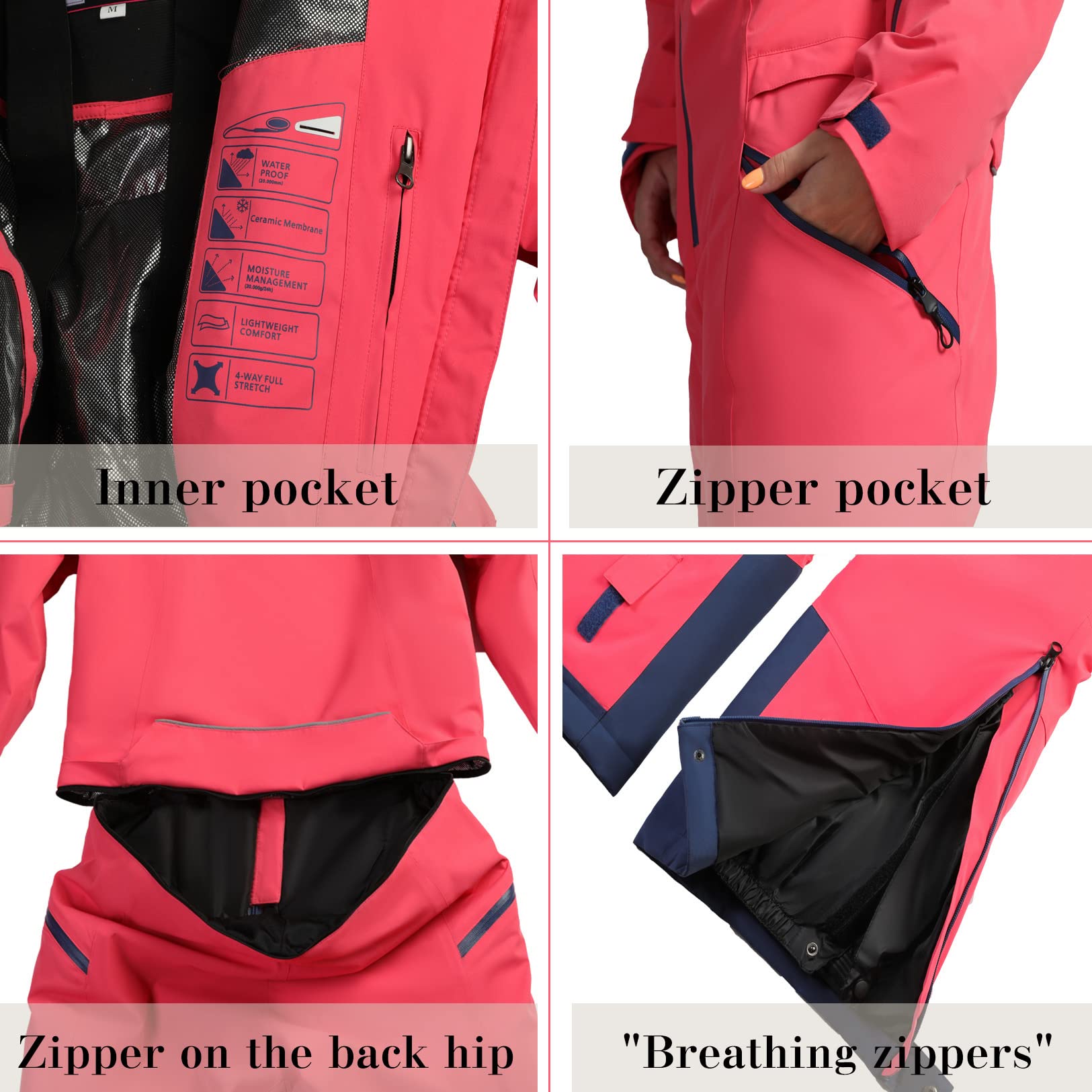 Women's One Piece Ski Suit - Windproof Waterproof Snowsuit with Detachable Hood for Snowboarding & Winter Sports | Warm Breathable Jumpsuit for Skiing, Snowmobiling & Cold Weather Activities