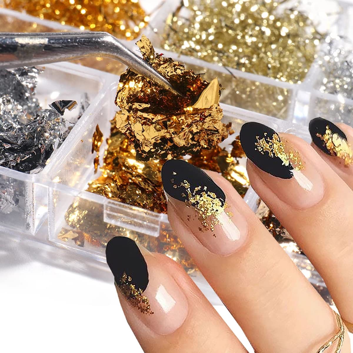 Holographic Nail Foil Flakes - 3D Sparkly Gold & Silver Glitter Sequins for Nail Art - DIY Acrylic Nails Design - 6 Grids - Perfect for Salon, Party, Wedding & Special Occasion Nail Decorations