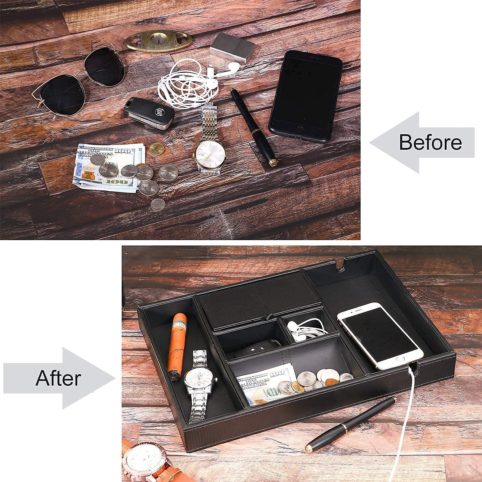 BEWISHOME 20 Slot Watch Box for Men with Valet Tray - Luxury Leather Watch Case Organizer & Dresser Valet Tray Set - Perfect for Nightstand, Dresser, and Travel Storage