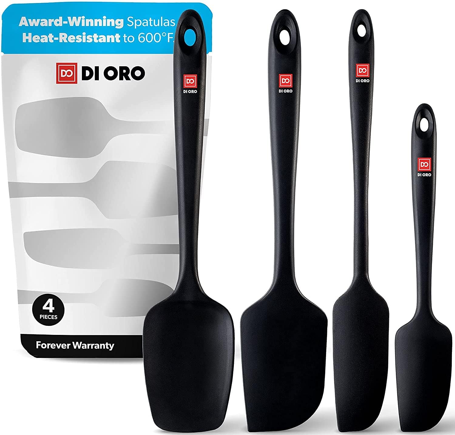DI ORO Premium Silicone Spatula Set - 4-Piece Heat-Resistant Rubber Kitchen Spatulas for Baking, Cooking & Mixing - BPA-Free Nonstick Scraper Spatulas for Pans & Cookware (600°F Safe, Dishwasher Safe, Black) - Perfect for Cake Decorating, Cookie Dough Mixing & Everyday Cooking