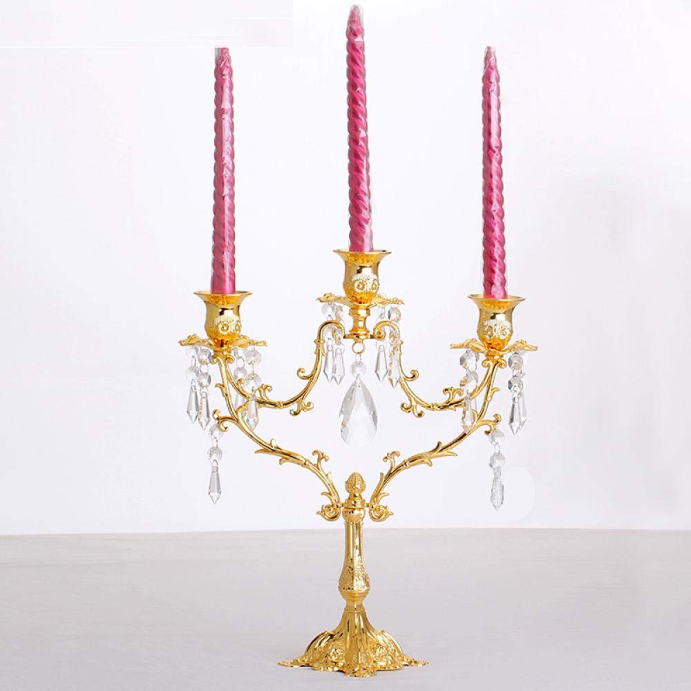 3-Arm Gold Iron Candlestick Holder - 14.58 Inch (37cm) Tall Candle Stand for Wedding, Hotel, Living Room & Dining Table Decor - Elegant Centerpiece for Romantic Dinners, Holiday Decorations & Special Events