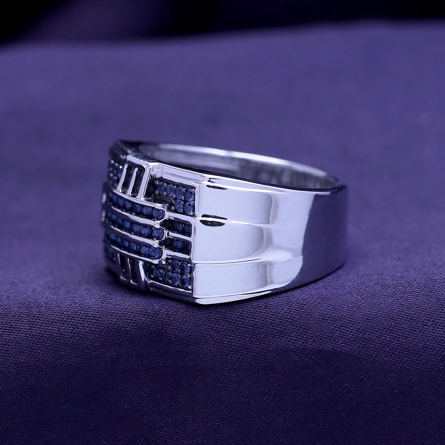 14k Gold Over Sterling Silver Round Cut Simulated Blue Sapphire Men's Band Ring - Elegant Jewelry Gift for Dad, Husband, Boyfriend | Perfect for Father's Day, Anniversary, Wedding & Special Occasions