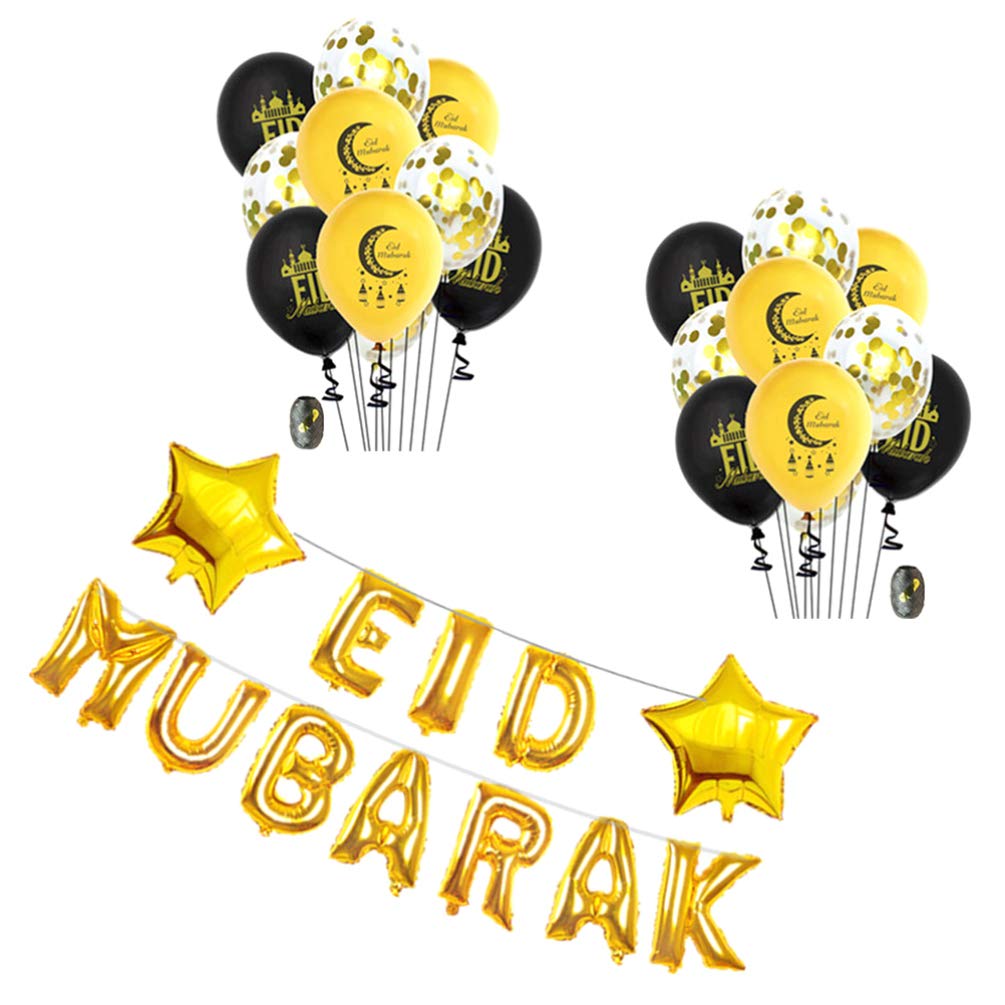 STOBOK Eid Mubarak Balloon Set - 12pcs Ramadan Aluminum Foil Moon & Stars Balloons with Letter Designs - Photo Booth Props & Party Decorations for Eid Celebration, Home, Mosque, and Community Events