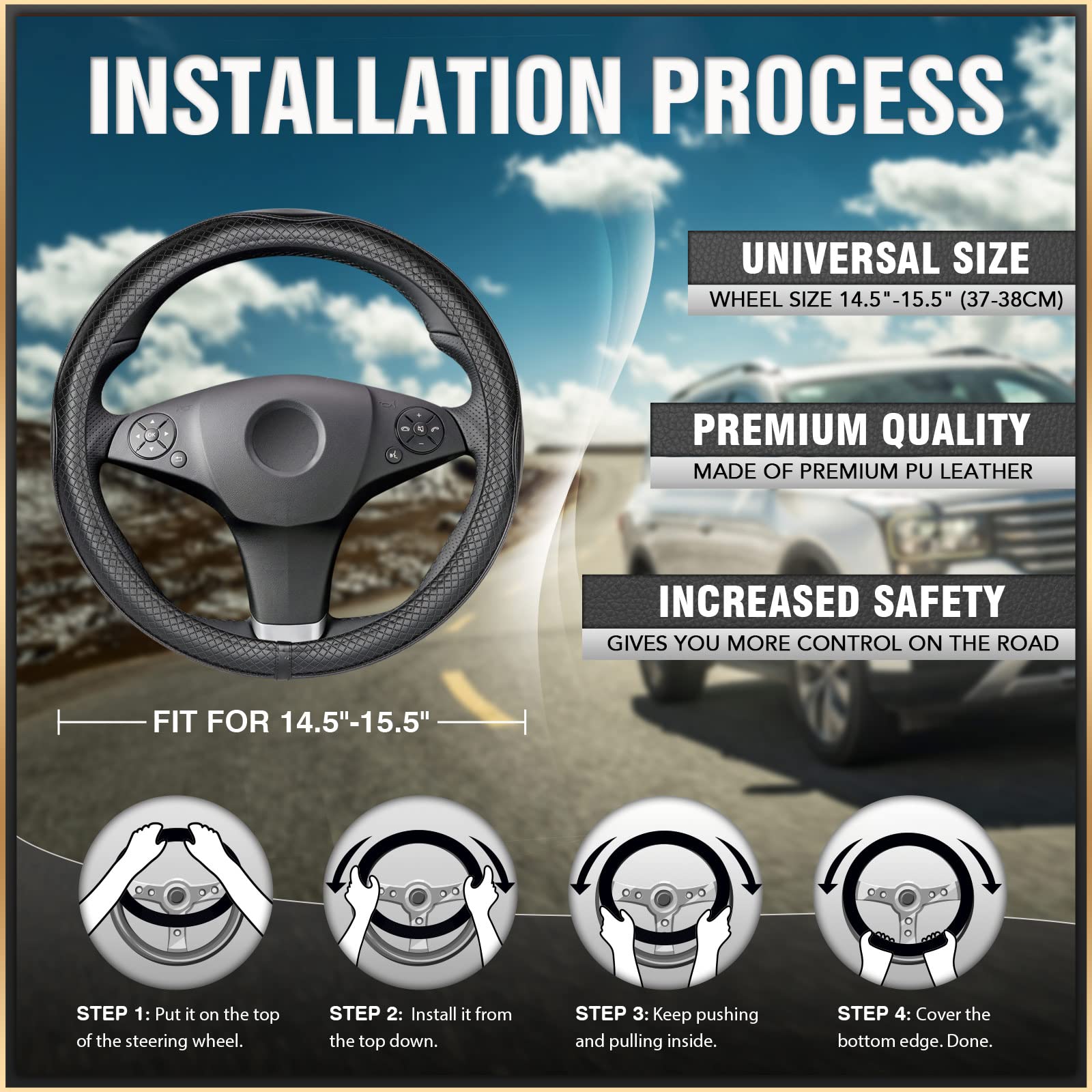 Universal Fit Steering Wheel Cover Protector - 15 Inch Synthetic Leather Car Accessory (Black/Red) for Comfort & Grip - Perfect for Daily Commute, Road Trips & Winter Driving