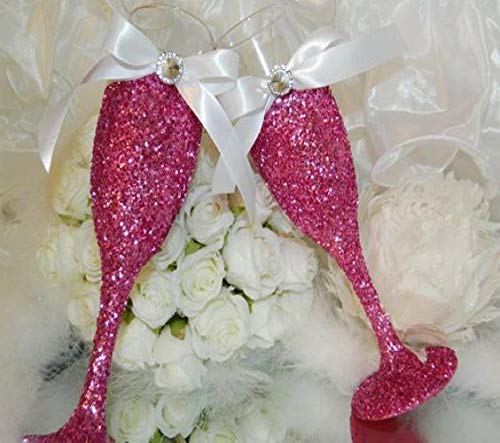 6 Hot Pink Fuchsia Glitter Candle Holders - Elegant Wedding Favors, Bridal & Baby Shower Centerpieces, Quinceanera Decorations - Perfect for Romantic Dinners, Party Table Decor, and Special Event Lighting