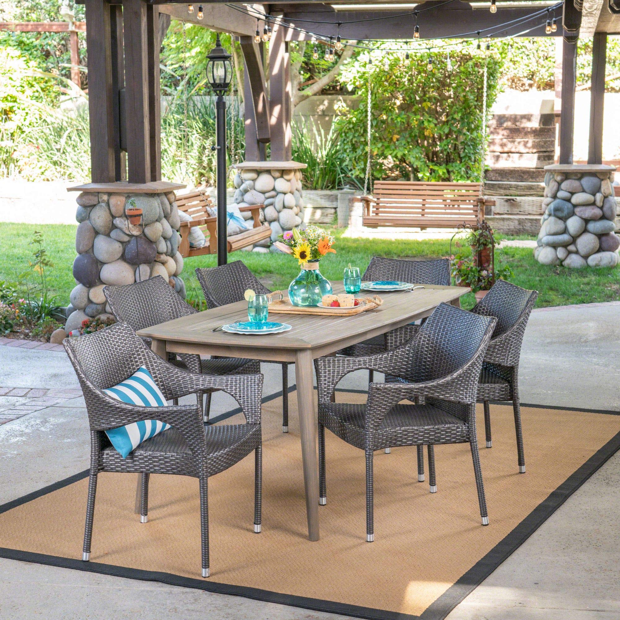 7-Piece Gray & Brown Wicker Outdoor Dining Set - Modern Patio Furniture with Wood Frame for Backyard, Garden, Poolside & Restaurant Use