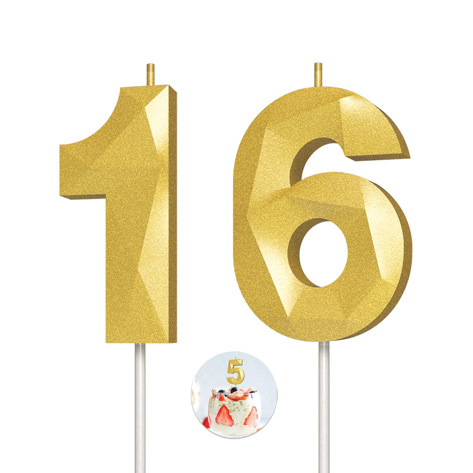 3D Diamond Shape Gold Number 16 Birthday Candles - Elegant Cake Candles for Birthday Parties, Weddings, Reunions & Theme Celebrations | Perfect for Milestone Birthdays, Anniversary Cakes & Special Occasion Decorations