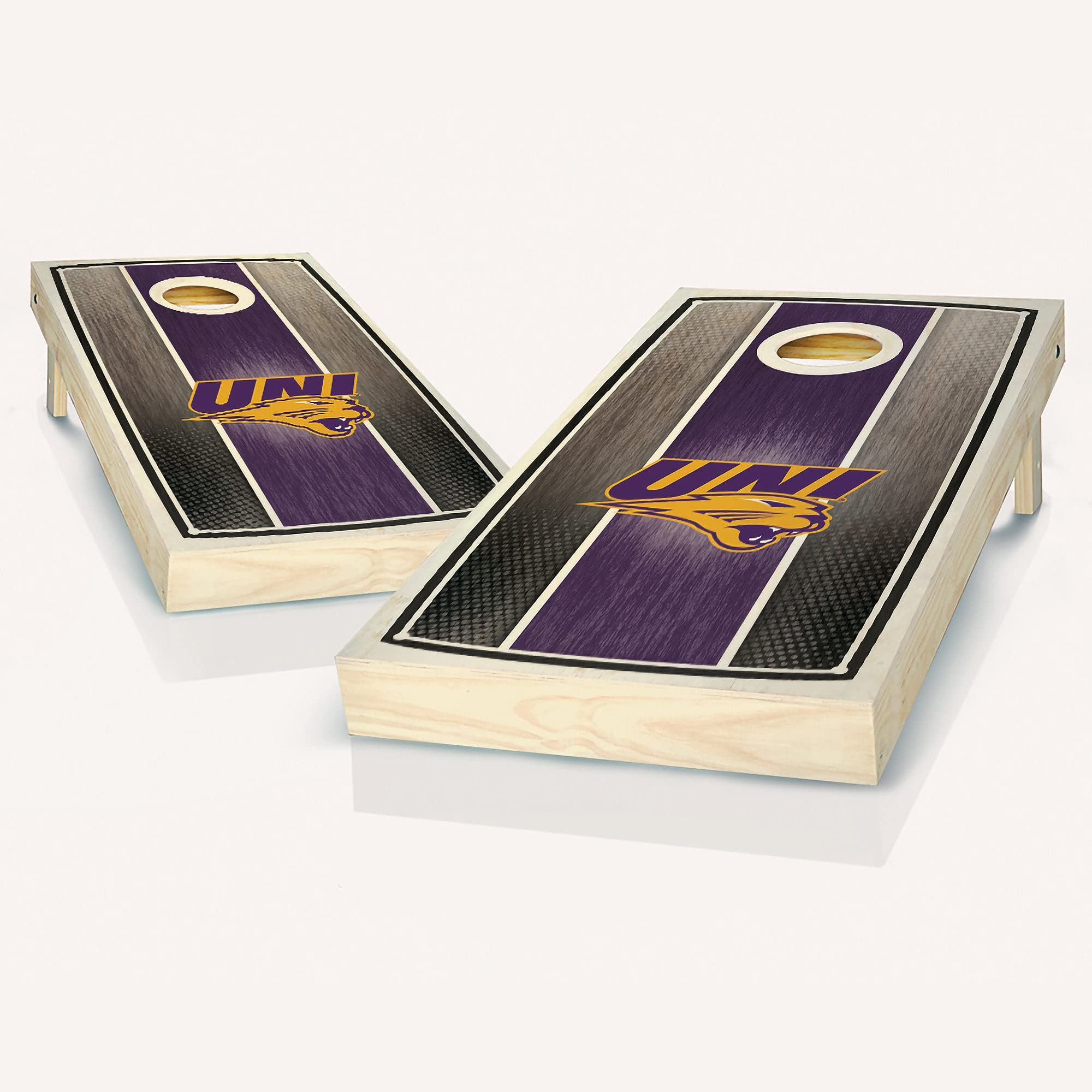 Premium Northern Iowa Stained Striped Cornhole Boards Set - 2 Boards & 8 Custom Team Logo Bags | Outdoor Lawn Games, Tailgate Parties, Backyard BBQ Entertainment
