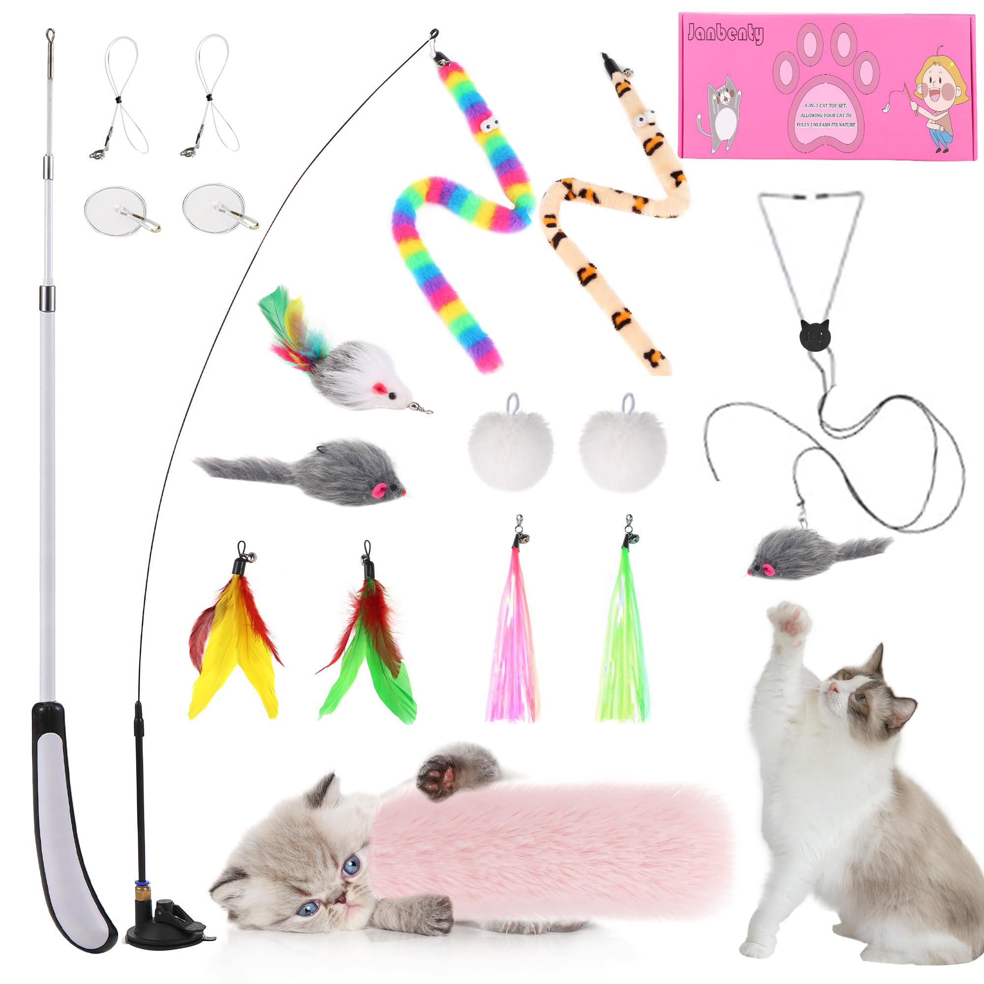 4-in-1 Interactive Cat Feather Toy with Retractable Fishing Pole - Durable Catnip Toy with Enhanced Suction Cup - 14