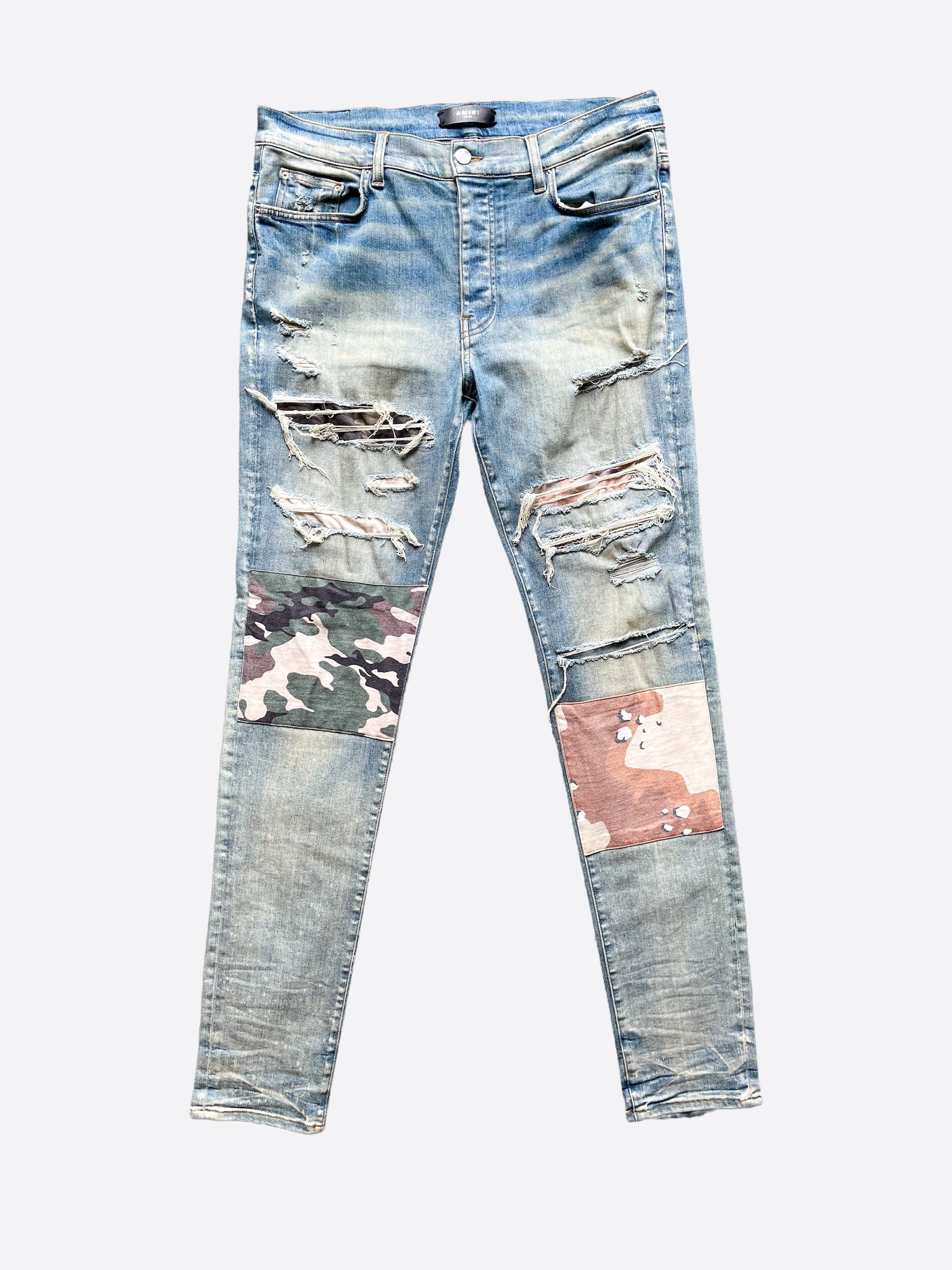 Amiri Military Camo Patch Jeans for Men - Distressed Denim Pants with Camouflage Design | Perfect for Streetwear & Casual Outfits