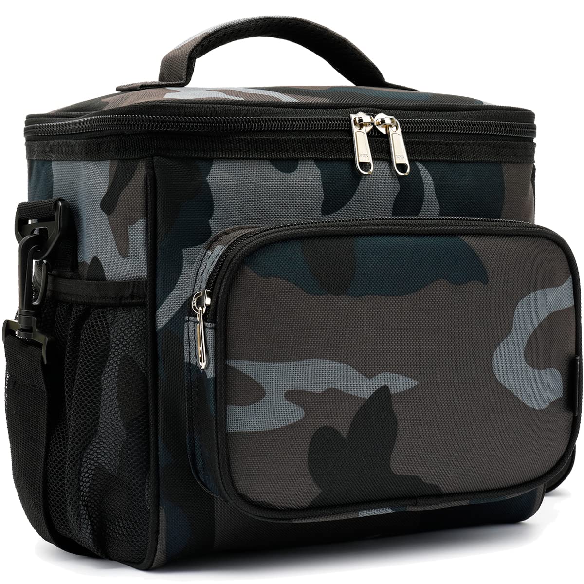 FlowFly Insulated Reusable Lunch Bag for Adults - Large Lunch Box with Adjustable Shoulder Strap, Front Zipper Pocket & Dual Mesh Side Pockets - Perfect for Work, School, Picnics & Outdoor Activities (Black Camo)