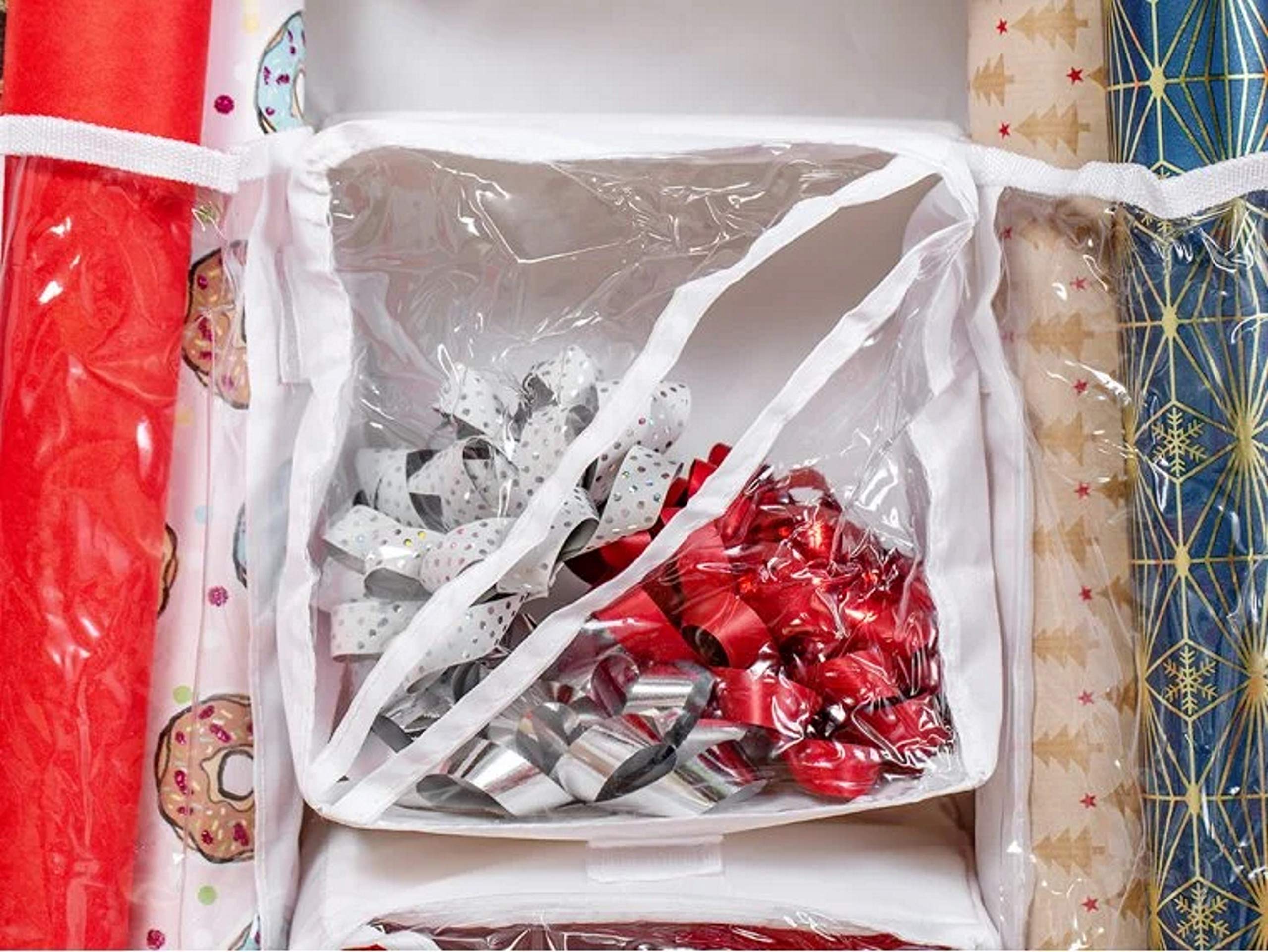 Gift Wrap Organizer Storage - Hanging Bag & Box for Wrapping Paper Rolls, Gift Bags, Bows & Ribbons - Clear Pockets & Hook for Closet Organization - Perfect for Holiday Gift Wrapping & Home Storage Solutions