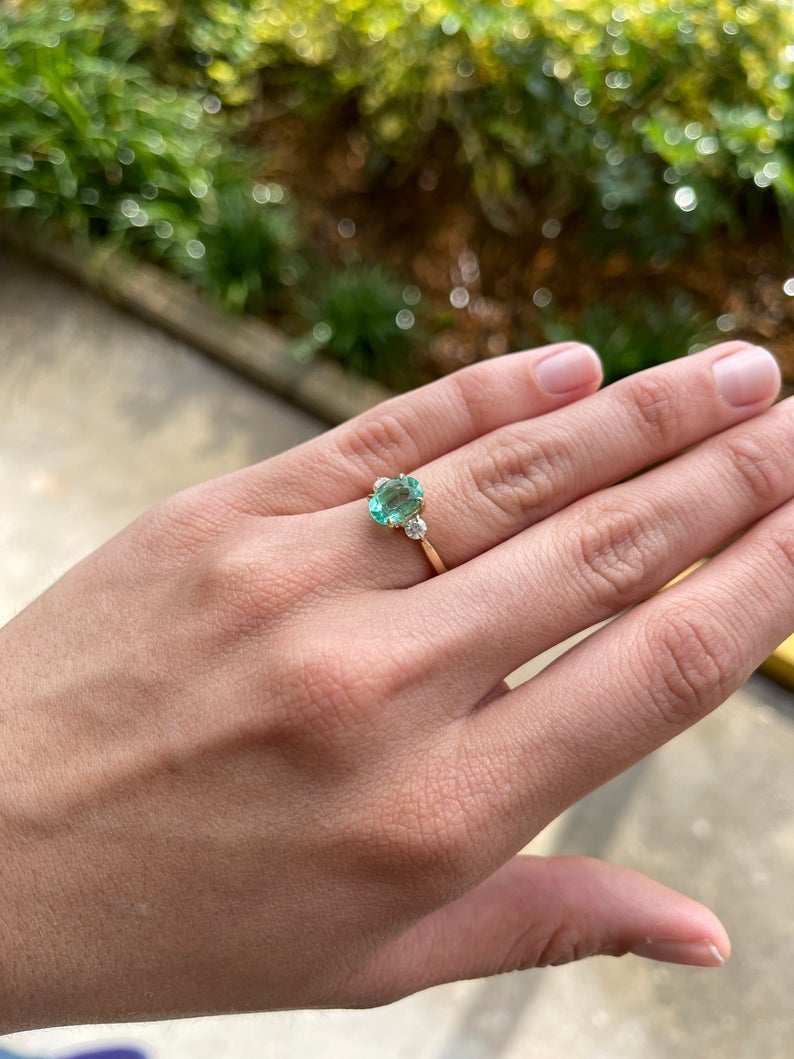 2.55tcw Three Stone Oval Emerald & Diamond Ring in 14K Gold - Elegant Jewelry for Engagement, Wedding & Anniversary Gifts