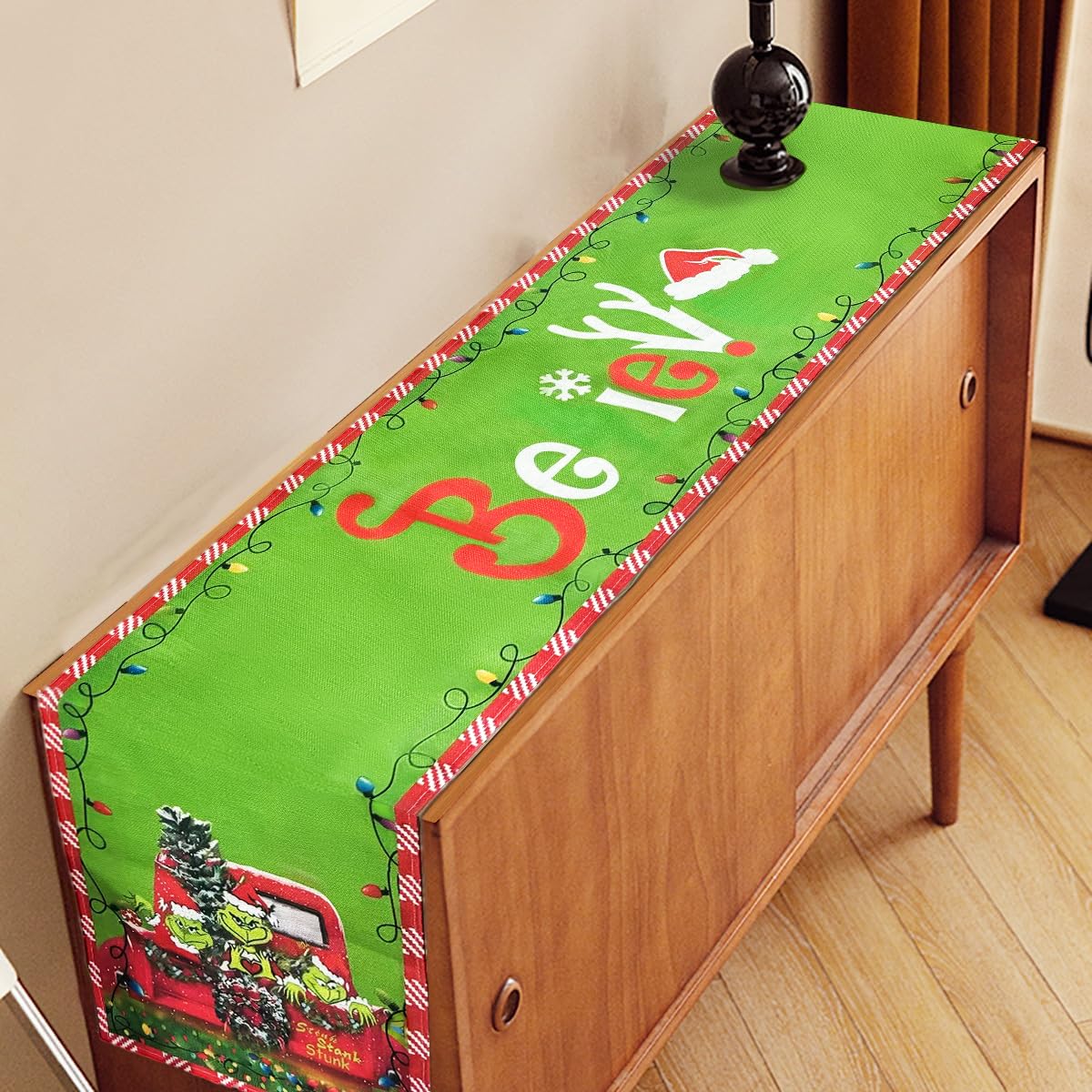 Christmas Table Runner and 4-Piece Placemats Set - 13x72 Inch Believe Themed Holiday Decor with 12x18 Inch Green Elf Placemats - Perfect for Festive Dining Table, Kitchen Decorations, Holiday Parties & Christmas Home Decor (Green)