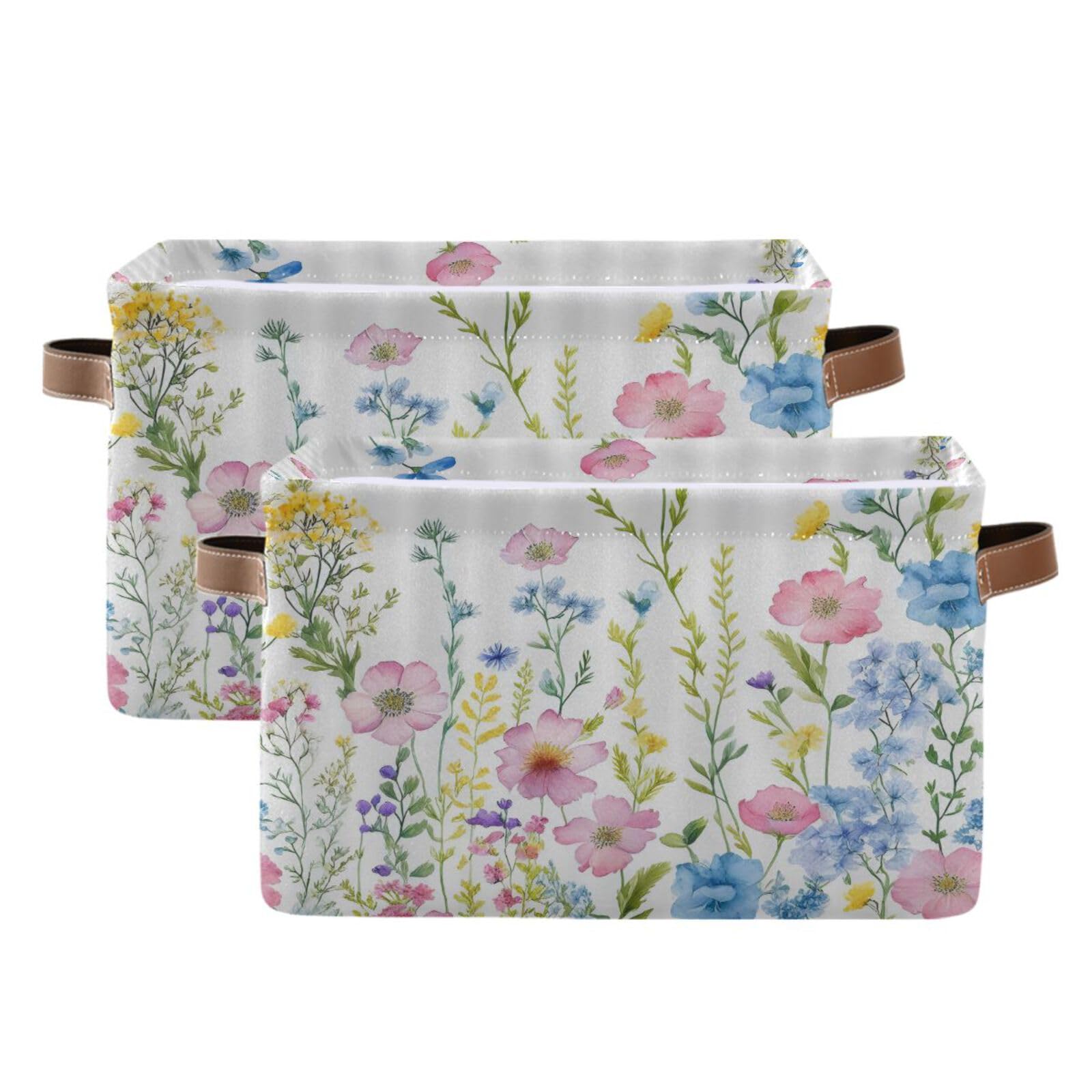 2-Pack Cosmos Flower Fabric Storage Bins with Handles - Closet Organizer Baskets for Clothes, Toys & Home Decor | Perfect for Bedroom, Nursery & Shelf Organization