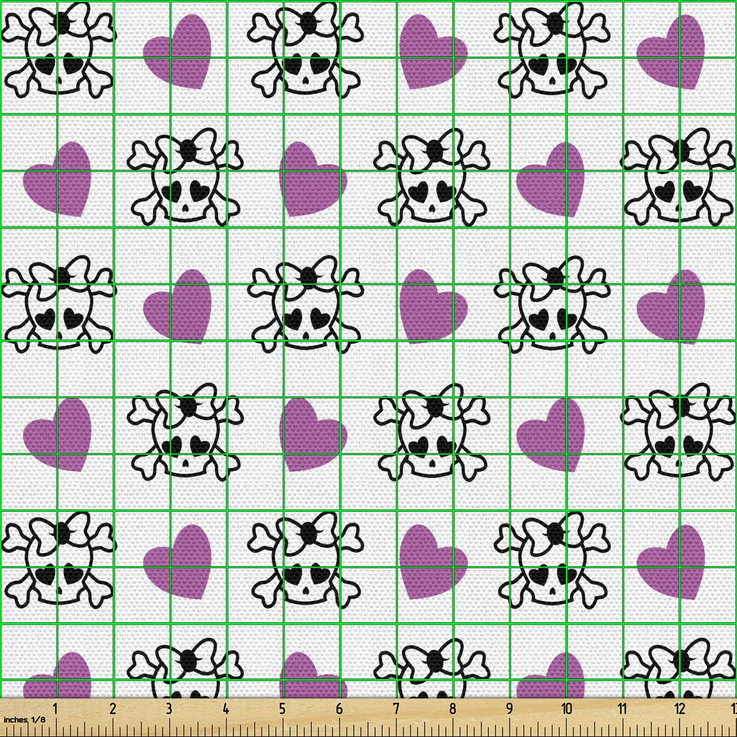 Ambesonne Teen Fabric by The Yard - Funky Girlish Emo Skull with Bowknots, Bones & Hearts Pattern - 1 Yard Violet Black White Decorative Fabric for Upholstery, DIY Crafts, Bedding & Home Decor