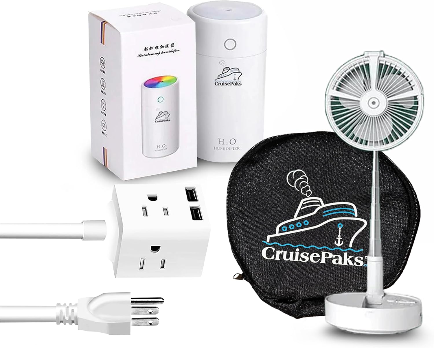 Cruise Essentials Travel Bundle - Mini Humidifier (White/Black), Multi Plug Adapter, Portable Fan with Carrying Case | Perfect for Cruise Vacations, Road Trips & Hotel Stays