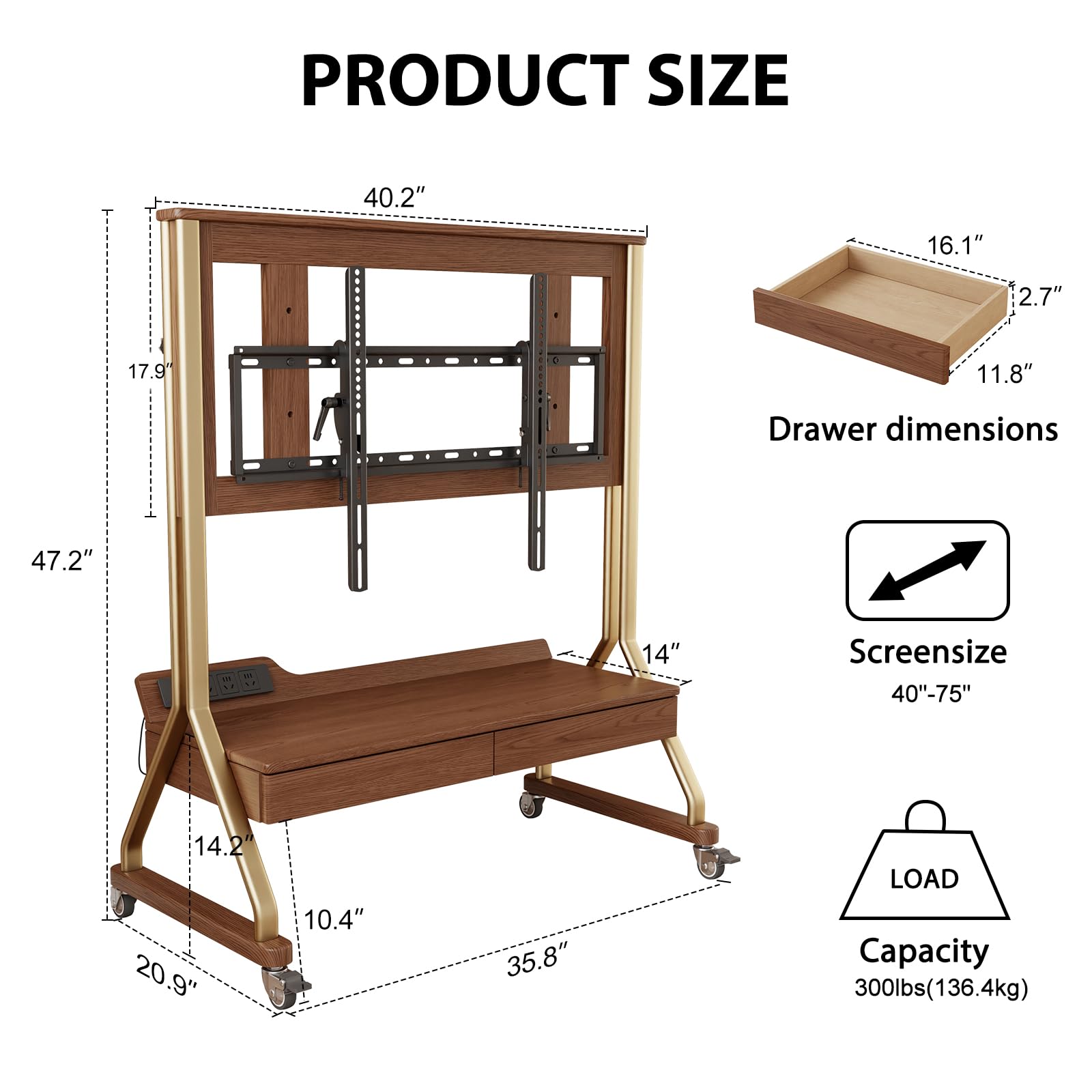 **Solid Wood TV Stand for 40-75 Inch TVs – Heavy Duty 300lbs Capacity, Adjustable Height, Rolling TV Cart with Storage – Modern Entertainment Center for Living Room, Bedroom, Home Theater (Walnut, DSG032)**
