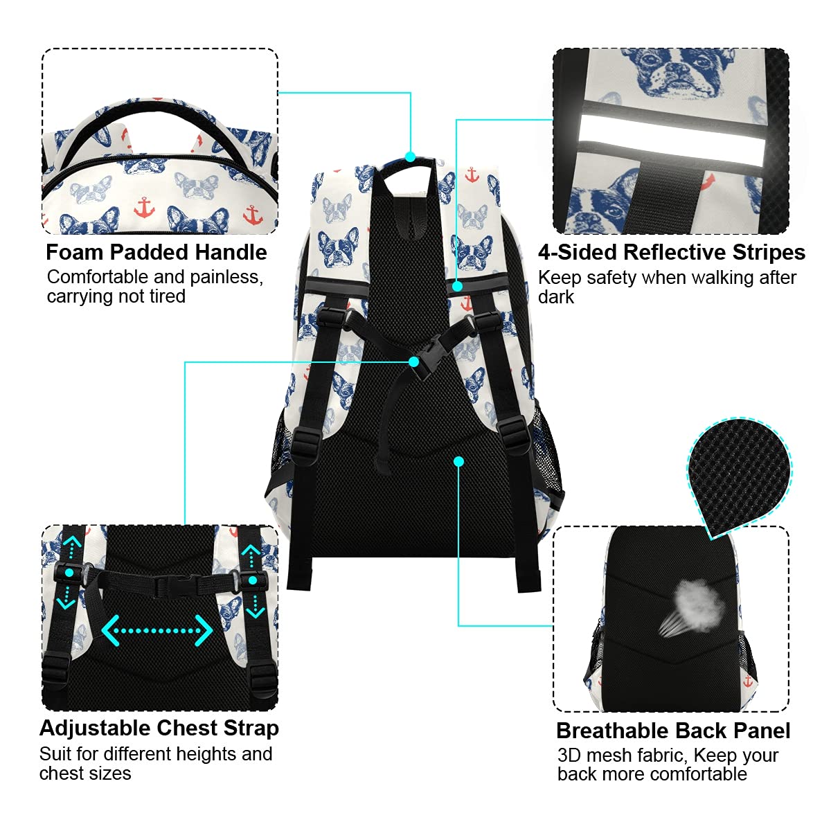 Stylish French Bulldog & Anchor Print Laptop Backpack with Chest Strap - Durable School, Travel & Hiking Backpack for Boys & Girls - Perfect for College, Commuting & Outdoor Adventures