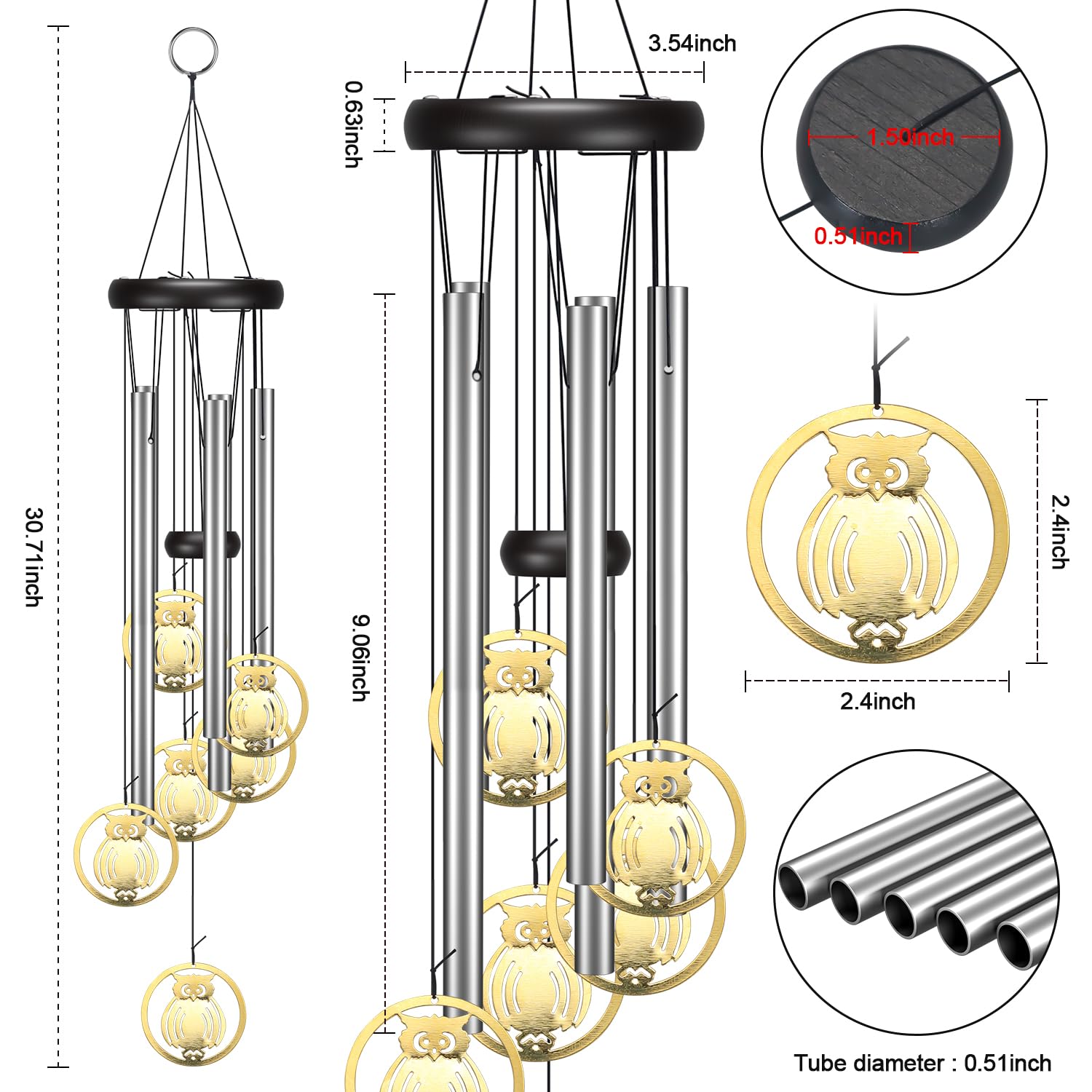 Golden Owl Wind Chimes for Outdoors - Sympathy Wind Chimes, Patio & Garden Decor, Zen Wind Chime for Relaxation - Perfect for Porch, Backyard, and Meditation Spaces