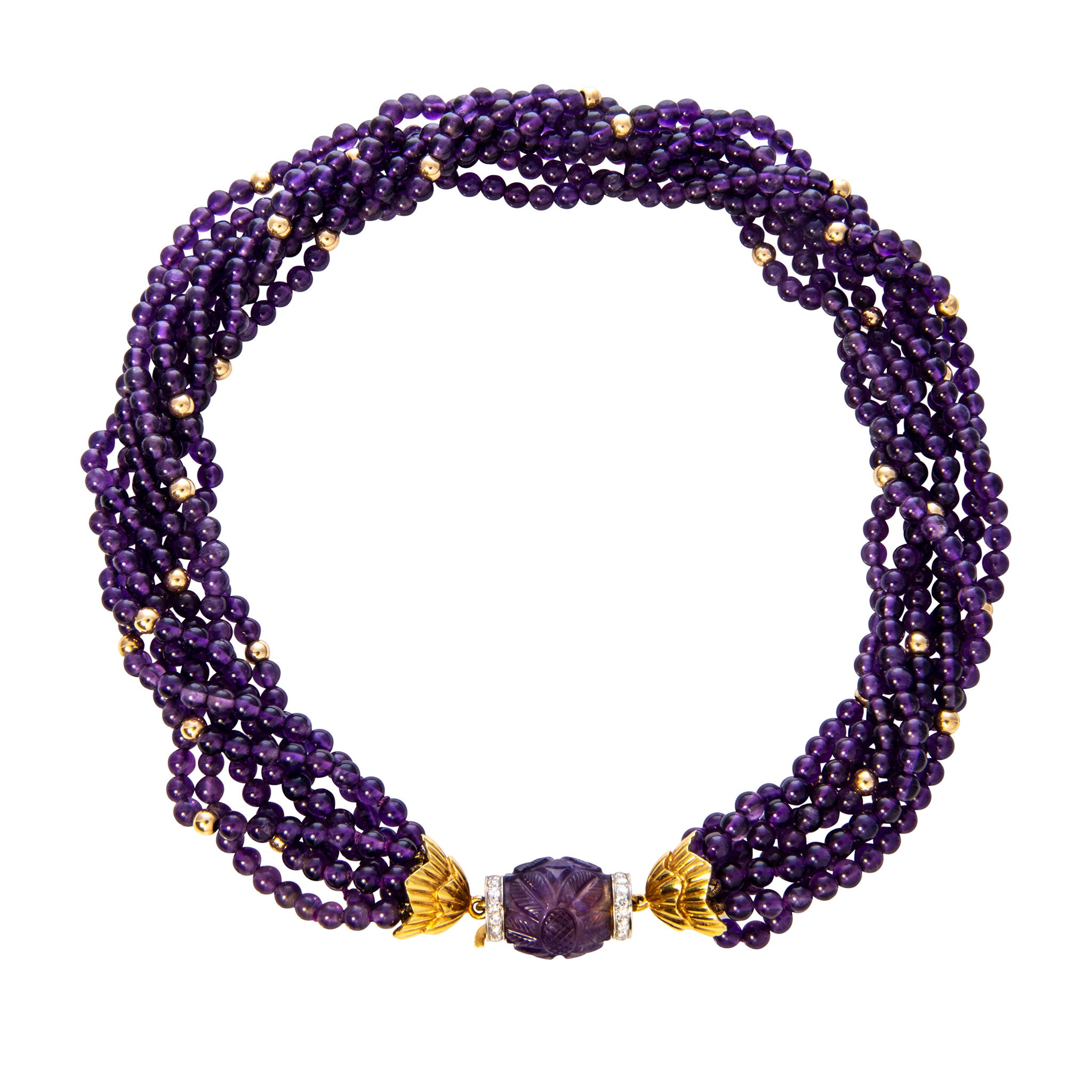 7 Strand Amethyst Beaded Necklace in 18K Gold - Elegant Estate Jewelry for Women, Perfect for Weddings, Parties & Special Occasions