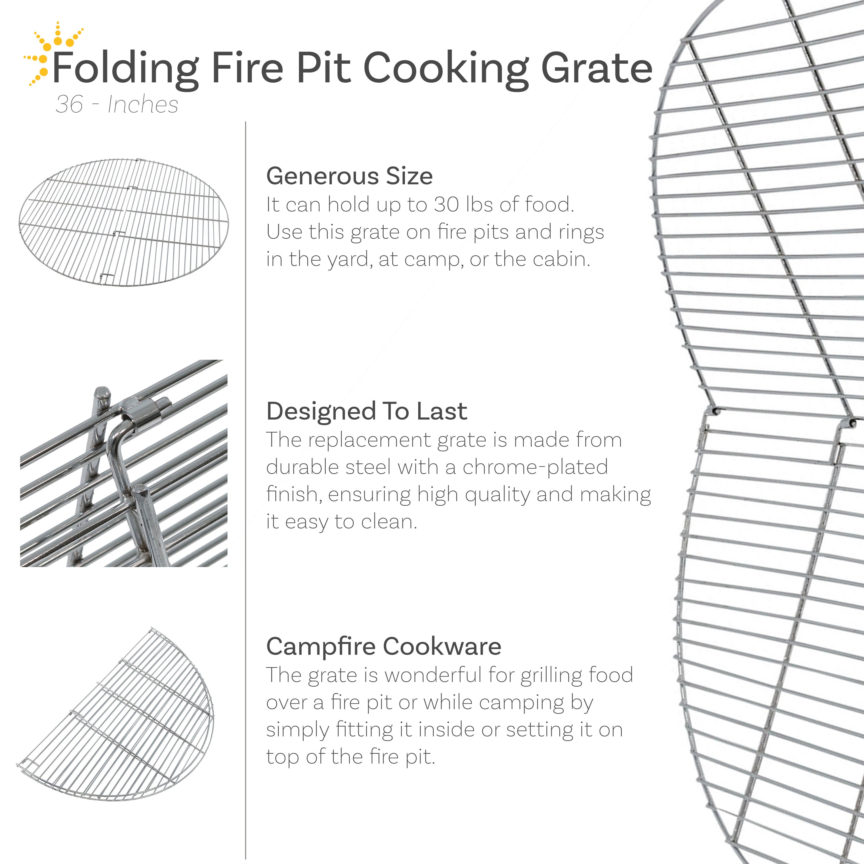 Foldable Fire Pit Grate - Heavy Duty Steel Round Grill Grate for Camping, Backyard & Outdoor Cooking | Sunnydaze