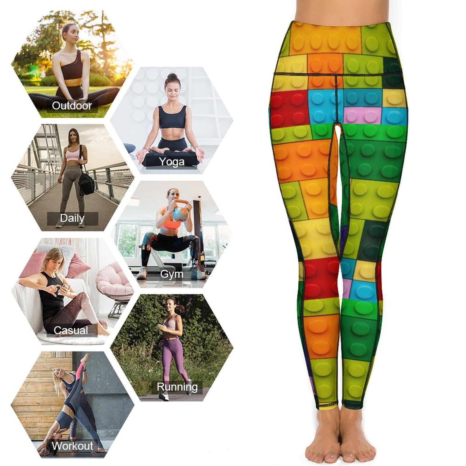 Vibrant Colorful Building Blocks Leggings for Women - High Waisted Soft Yoga Pants with Pockets | Perfect for Workouts, Gym, Running & Casual Wear