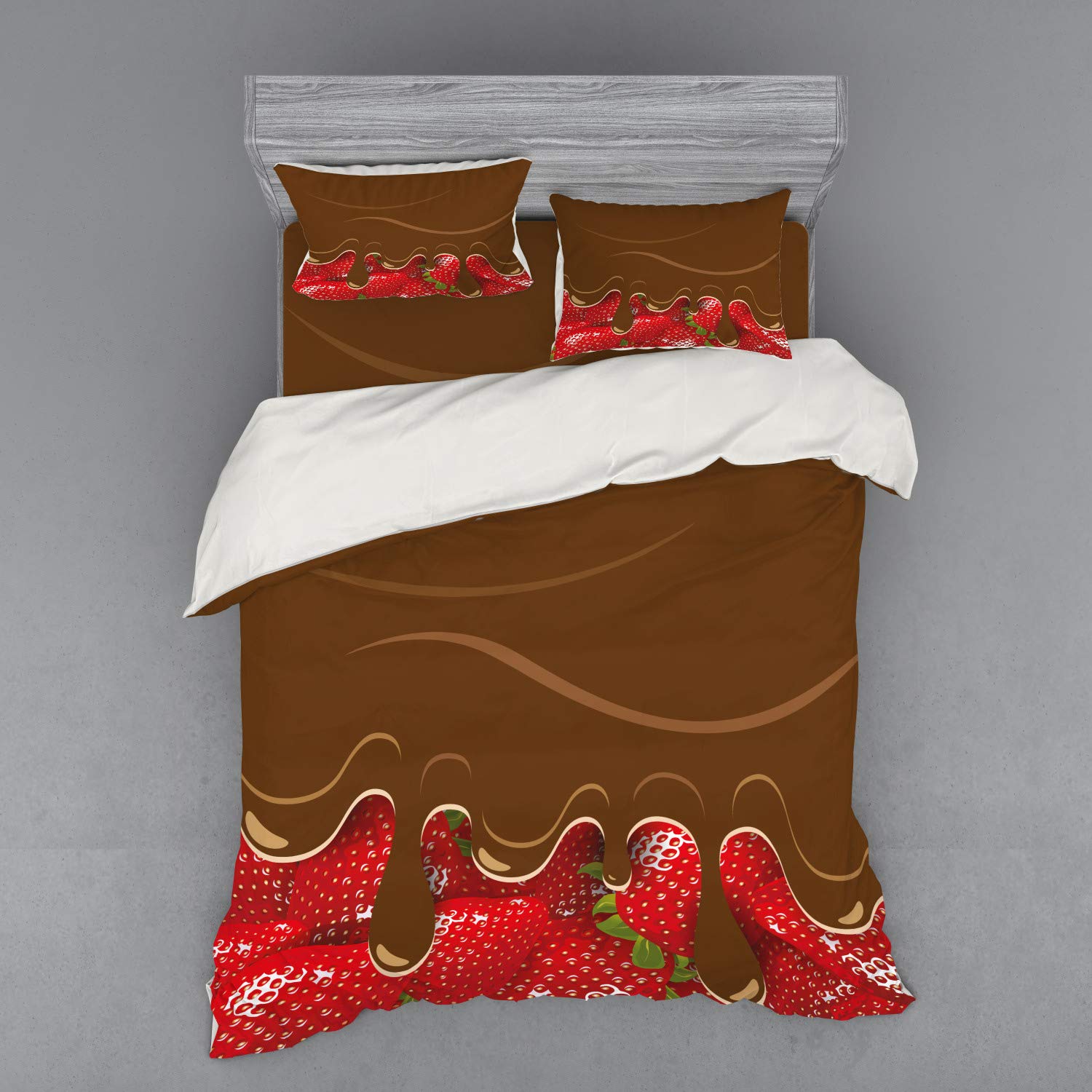 Ambesonne Queen Size 4-Piece Strawberry Bedding Set - Chocolate Covered Strawberries Duvet Cover with Shams & Fitted Sheet, Brown Red - Perfect for Sweet Themed Bedrooms, Valentine's Day Gifts & Cozy Home Decor