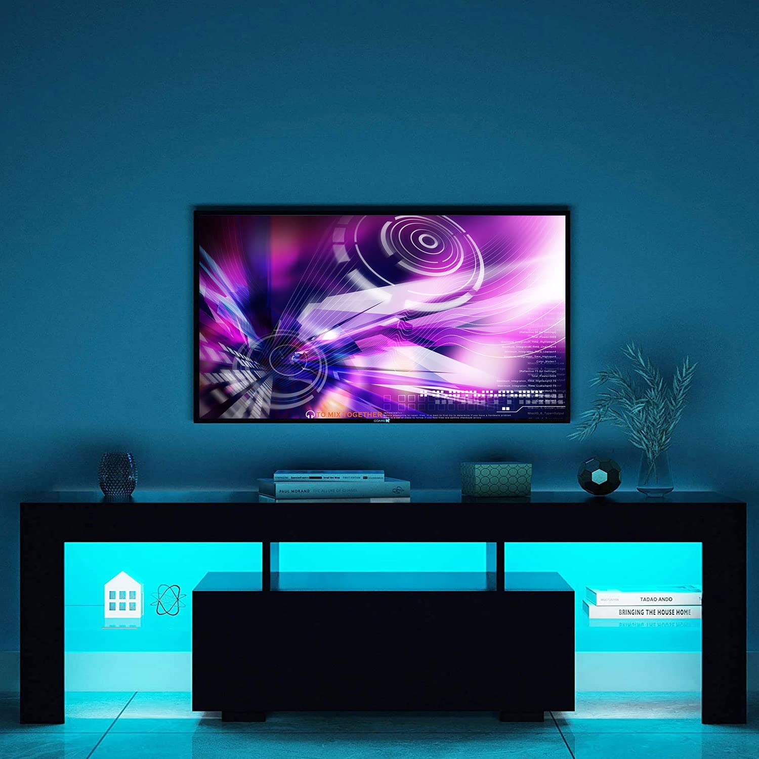65 Inch LED TV Stand with 2 Drawers & Open Shelves - Modern Glossy Entertainment Center with LED Lights - Media Console Table for Living Room, Bedroom & Home Theater Setup
