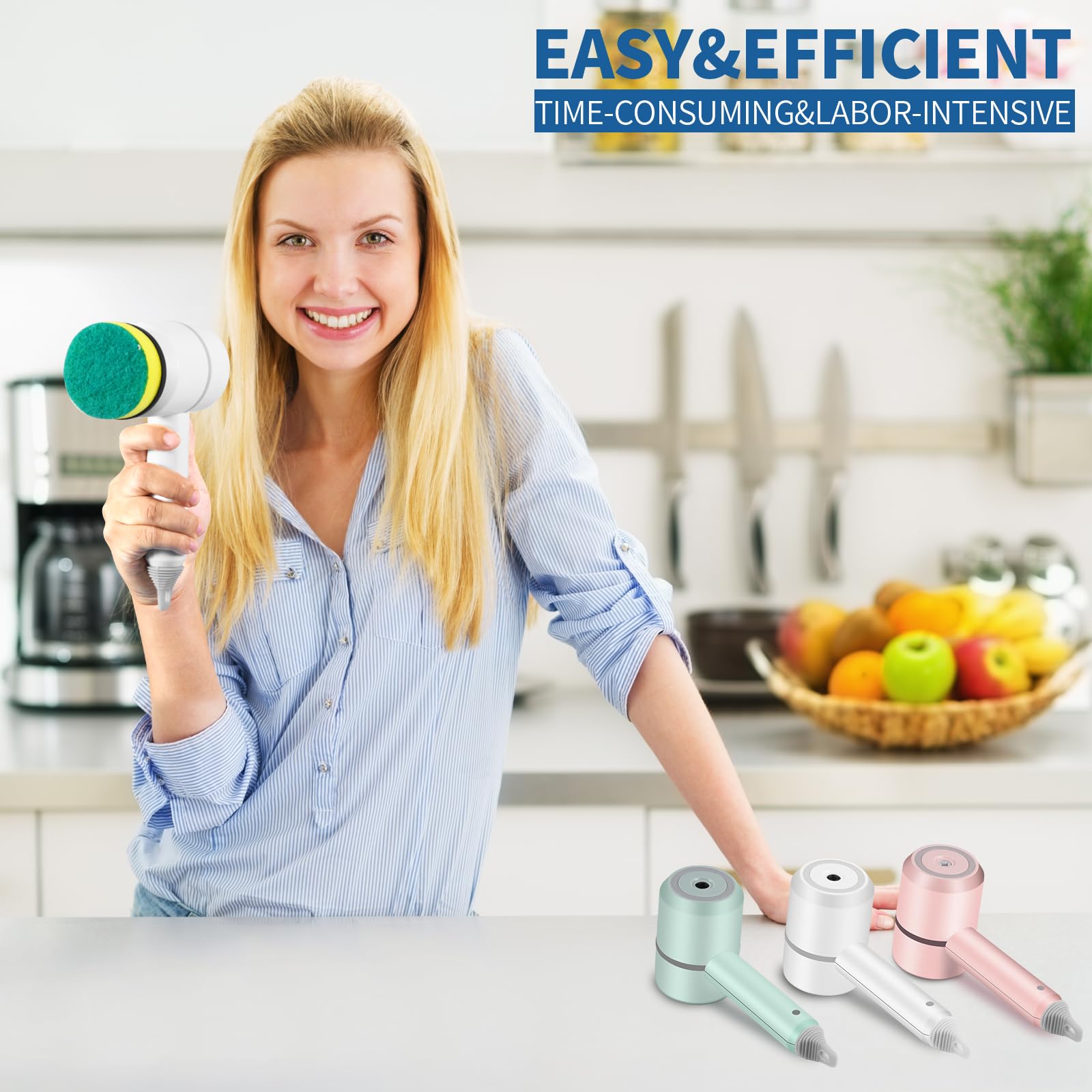 Cordless Electric Spin Scrubber - 8 Heads, 3 Speeds for Kitchen & Bath Cleaning