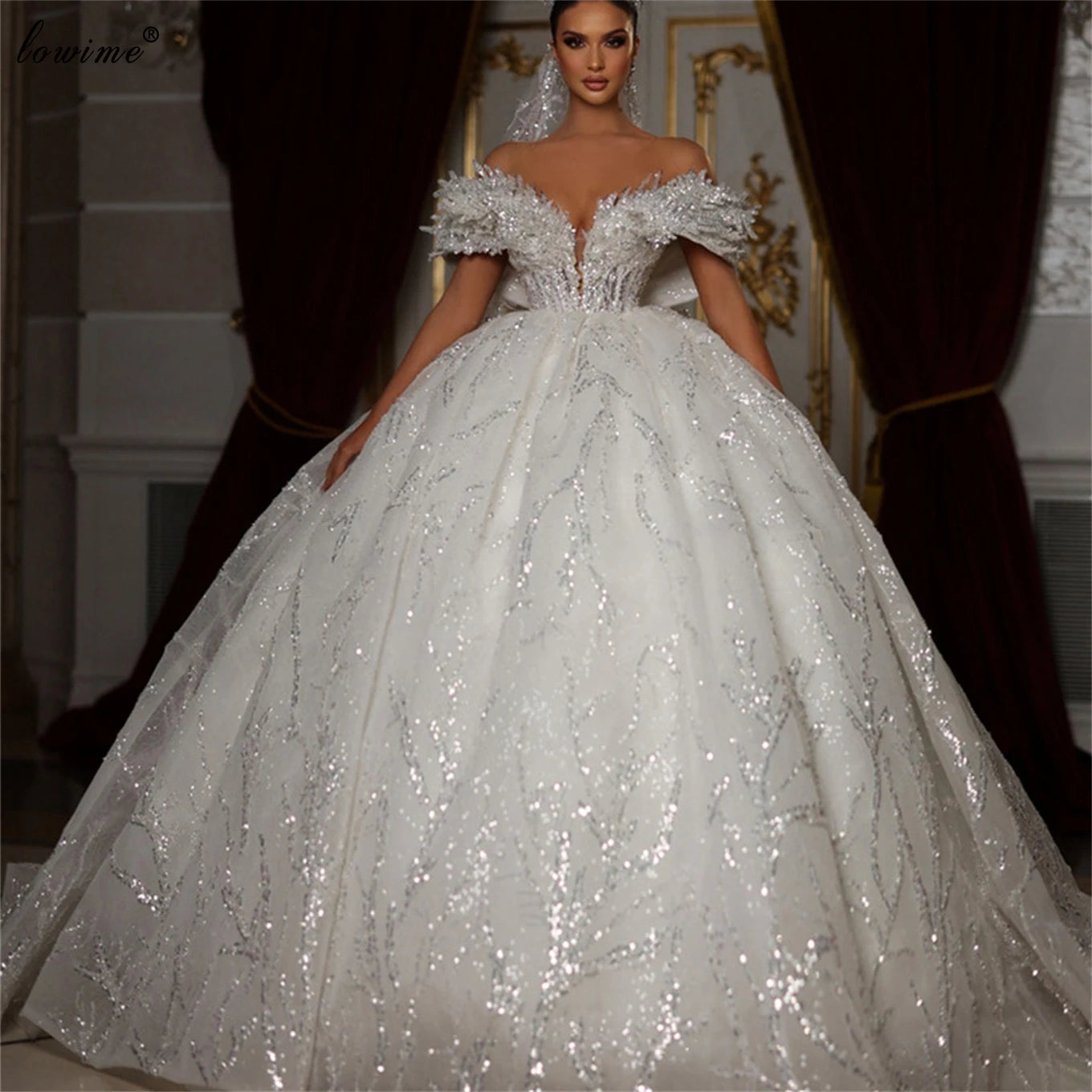 Sparkly Sequined A-Line Wedding Dress with Princess Chapel Train - Elegant Bridal Gown for Romantic Weddings & Formal Events