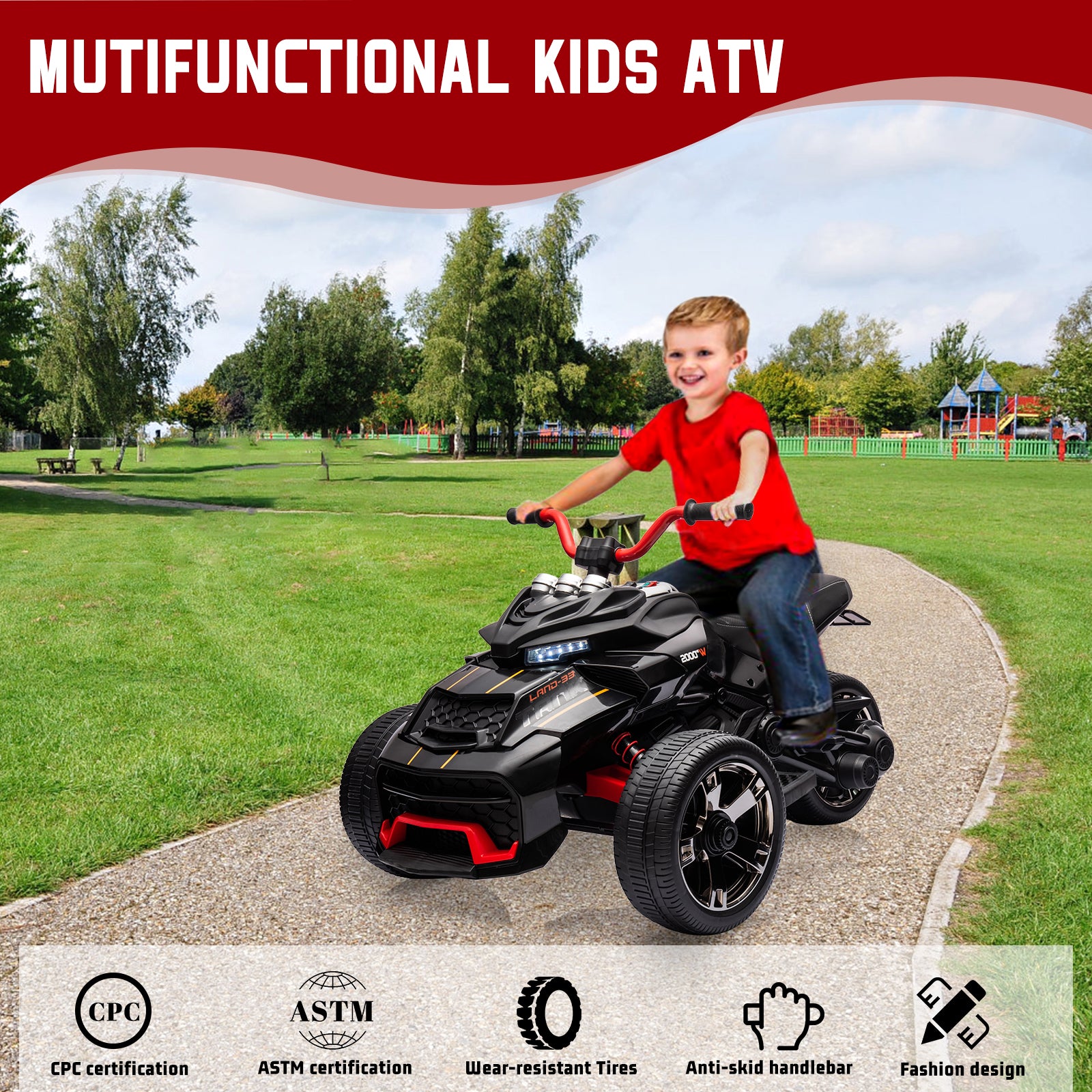 GARVEE 12V Kids Electric Ride-On Car with 2x55W Motor, 7AH Battery, 3.7 km/h Speed - 3-Wheel Electric Vehicle with LED Lights, 2 Speeds, EVA Tires, Music & USB Port (Black) - Perfect Outdoor Toy Gift for Boys & Girls Ages 3-6