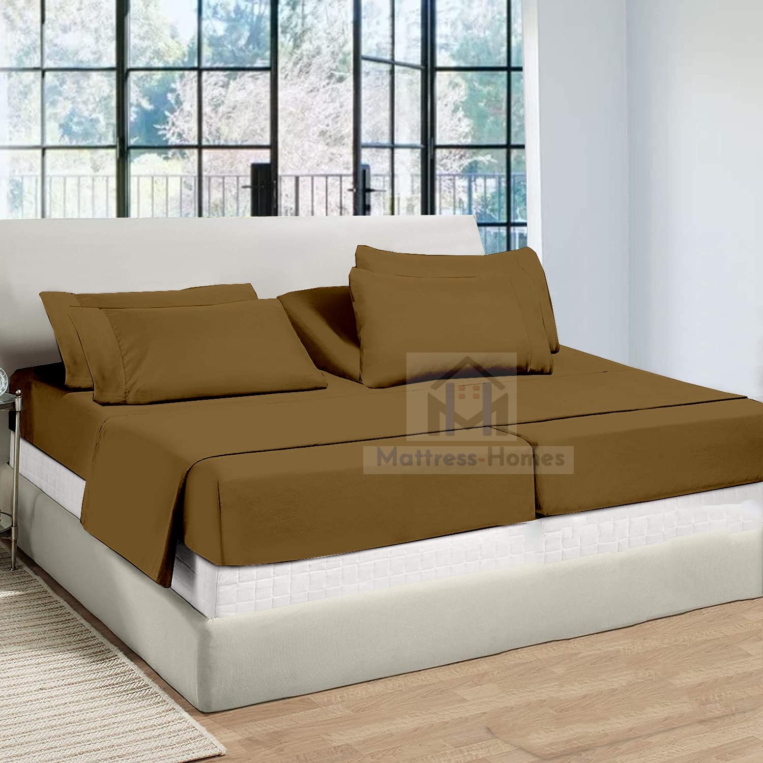 7-Piece Split King Sheet Set for Adjustable Beds | 600 Thread Count 100% Long Staple Soft Combed Cotton | Taupe Solid Color | Perfect for Adjustable Beds, Guest Rooms & Master Bedrooms