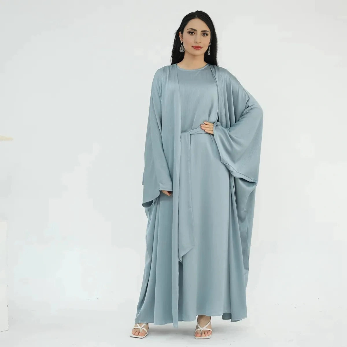 Wrinkle-Free Satin 2-Piece Open Abaya Dress Set #24806 - Elegant Muslim Prayer Dress for Women, Perfect for Special Occasions & Daily Wear