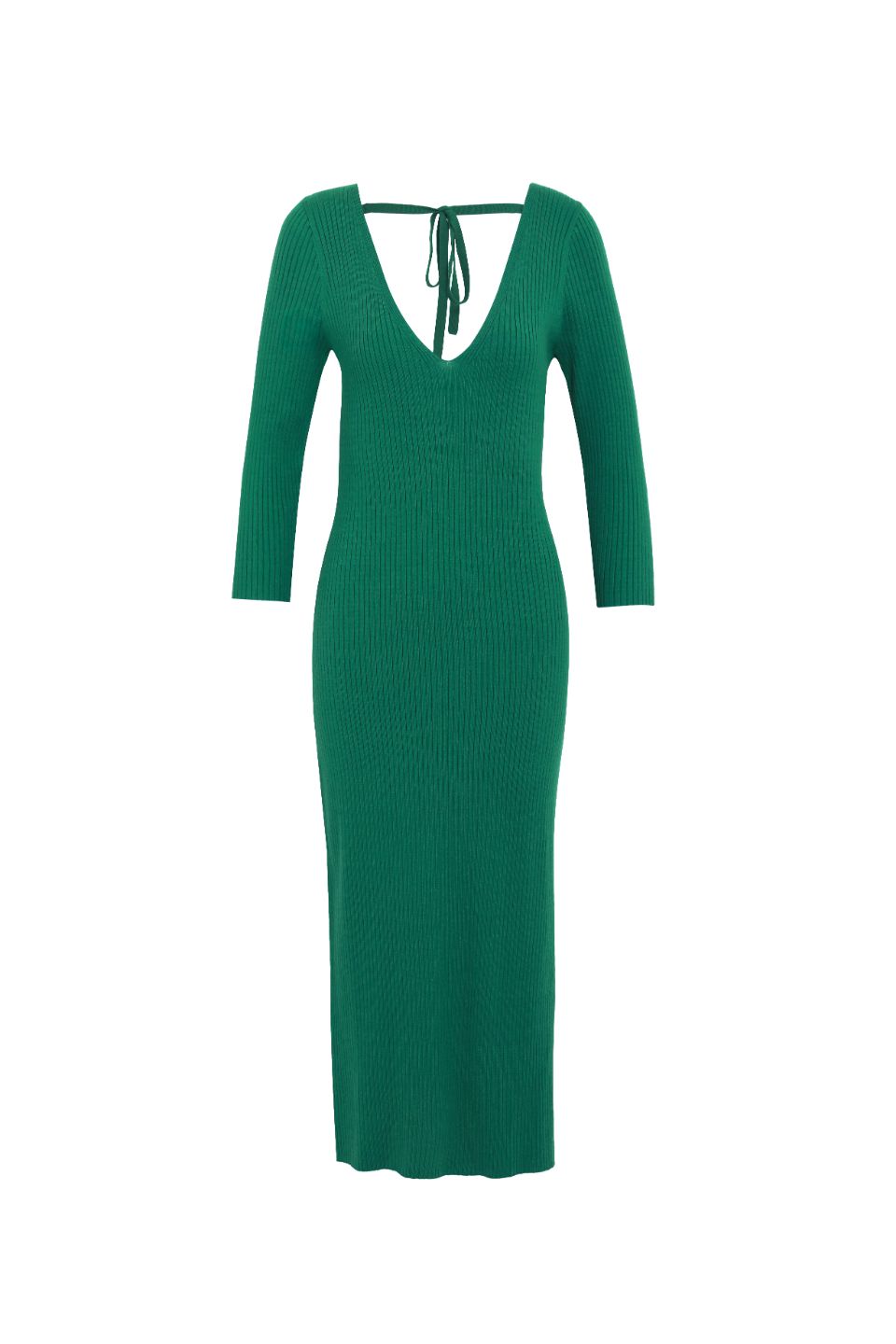 Equinox Kelly Green Half Sleeve V Neck Tie Back Rib Knit Midi Dress - Women's Casual Summer Dress for Beach, Party & Date Night