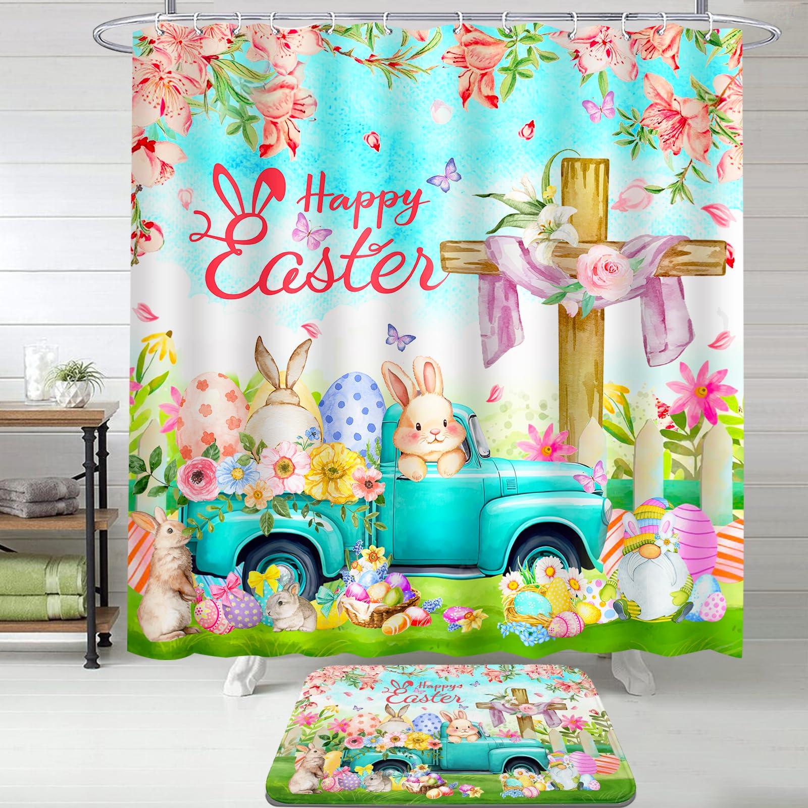 Lutto Easter Shower Curtain - Spring Bunny Flower Bathroom Decor Set, 72x72 Inch Waterproof Polyester Fabric - Perfect for Easter Home Decor, Holiday Bathroom Refresh & Seasonal Gift Giving