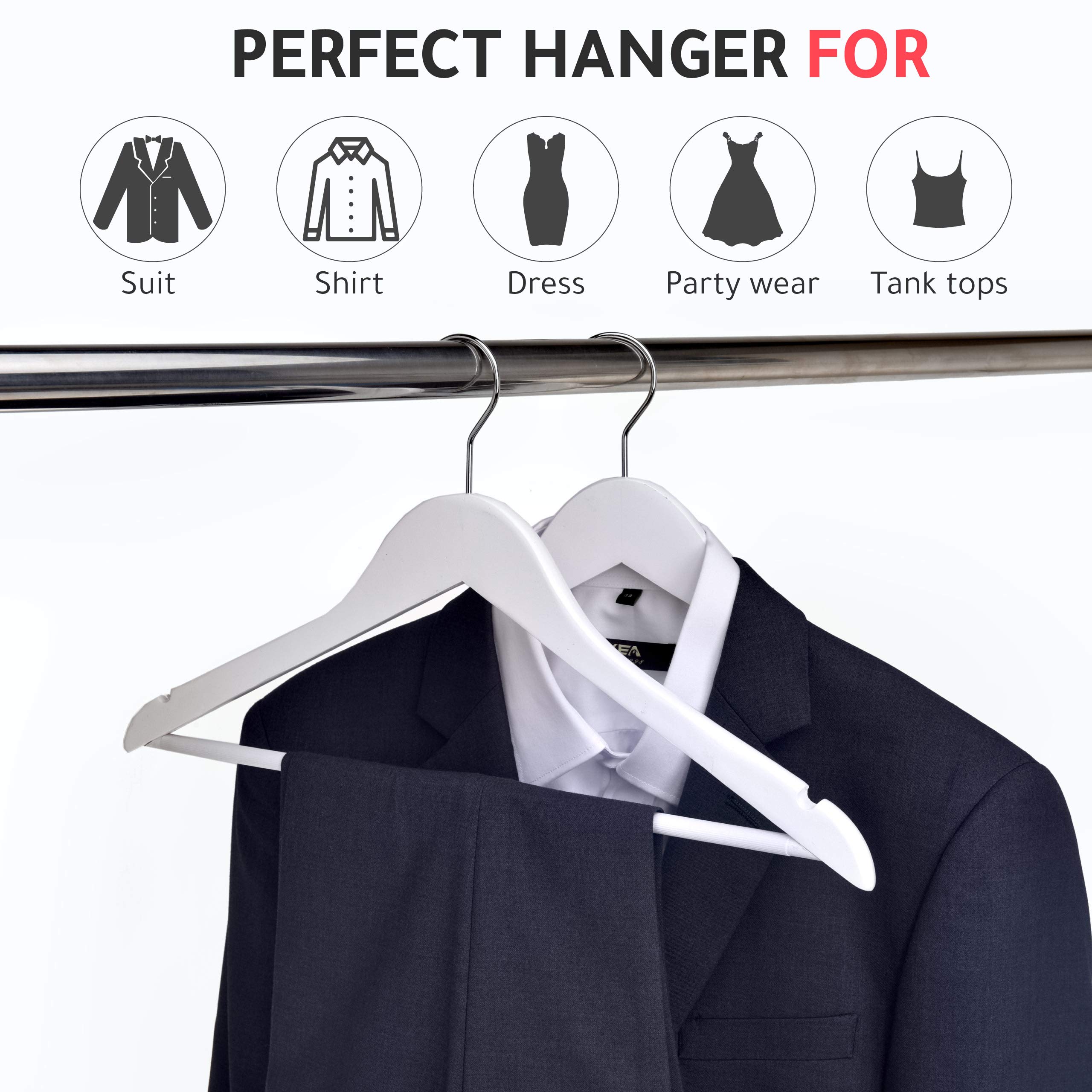 Premium Solid Wood Suit Hangers with Non-Slip Pants Bar - 20 Pack Smooth Finish Coat Hangers with Swivel Hook for Jackets, Pants & Dresses - Ideal for Closet Organization & Luxury Garment Storage (White, 20)