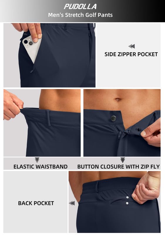 Pudolla Men's Slim Fit Golf Joggers with Zipper Pockets - Stretch Lightweight Sweatpants for Casual & Dress Wear - Perfect for Golf, Travel & Everyday Comfort