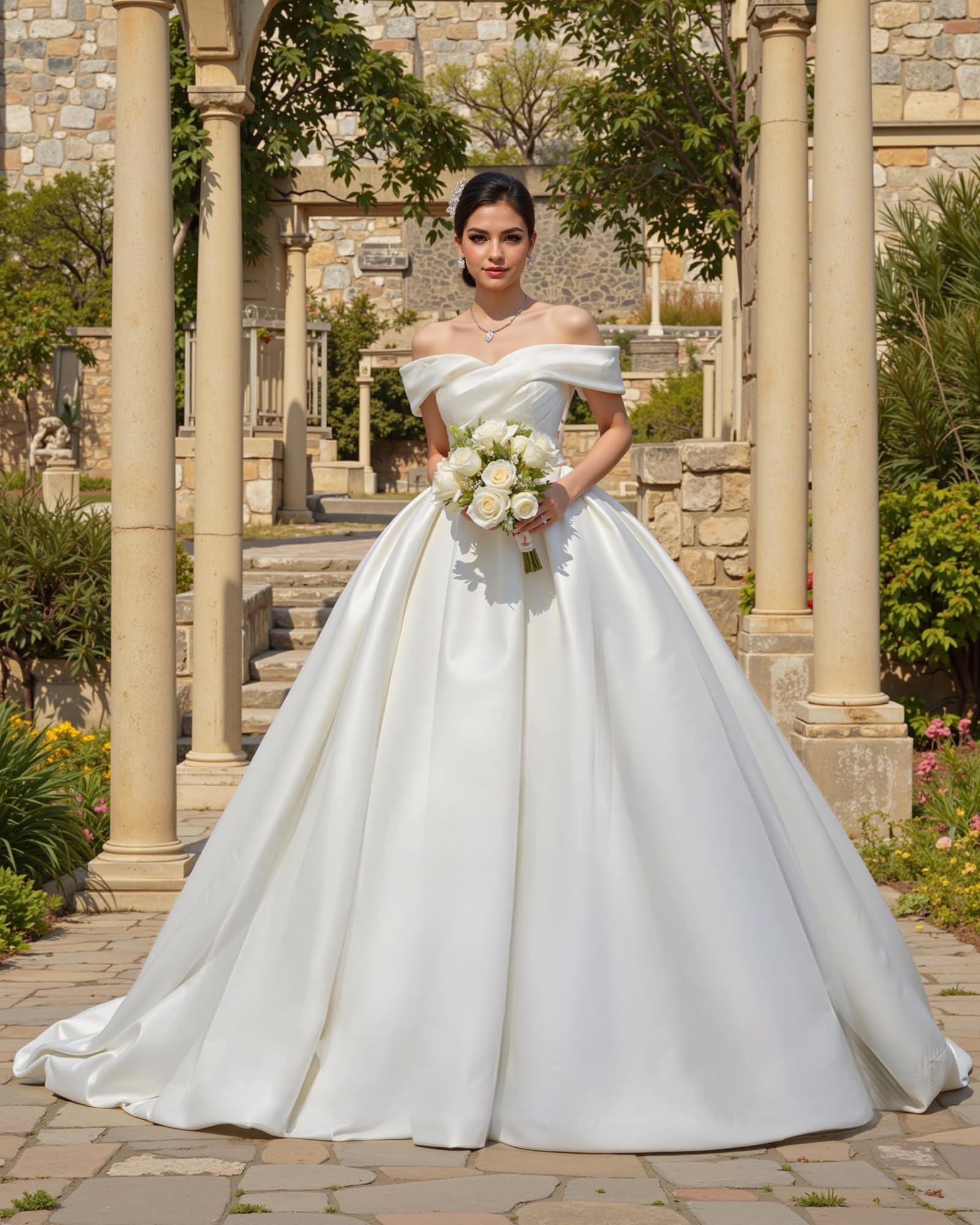JAEDEN 2025 Satin Off-Shoulder Wedding Dress for Bride - Elegant Ball Gown Bridal Gown for Church Ceremony, Reception & Photoshoot