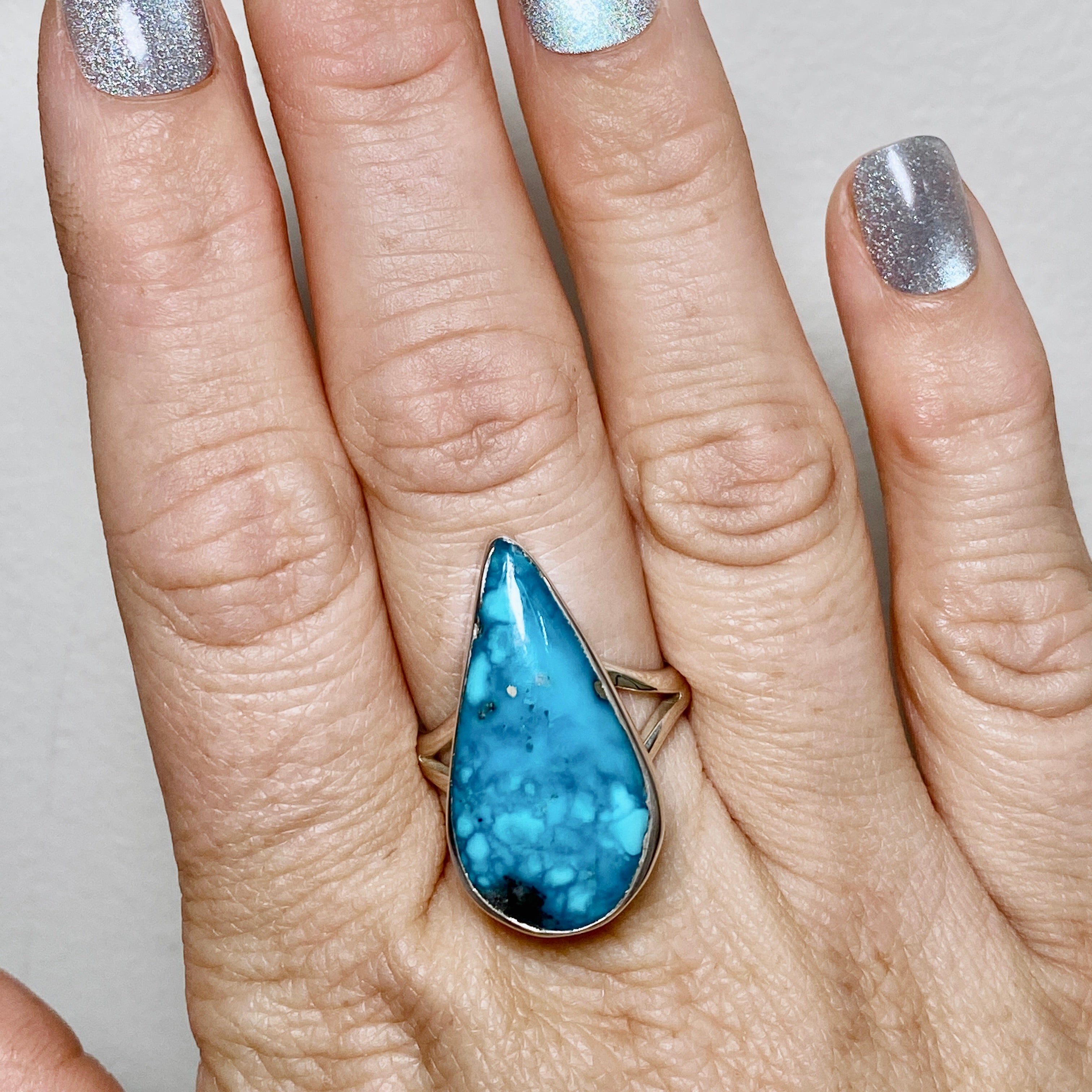 Iranian Turquoise Teardrop Ring - Size 9 - KRGJ2542 - Elegant Handmade Jewelry for Women, Perfect for Weddings, Parties & Special Occasions