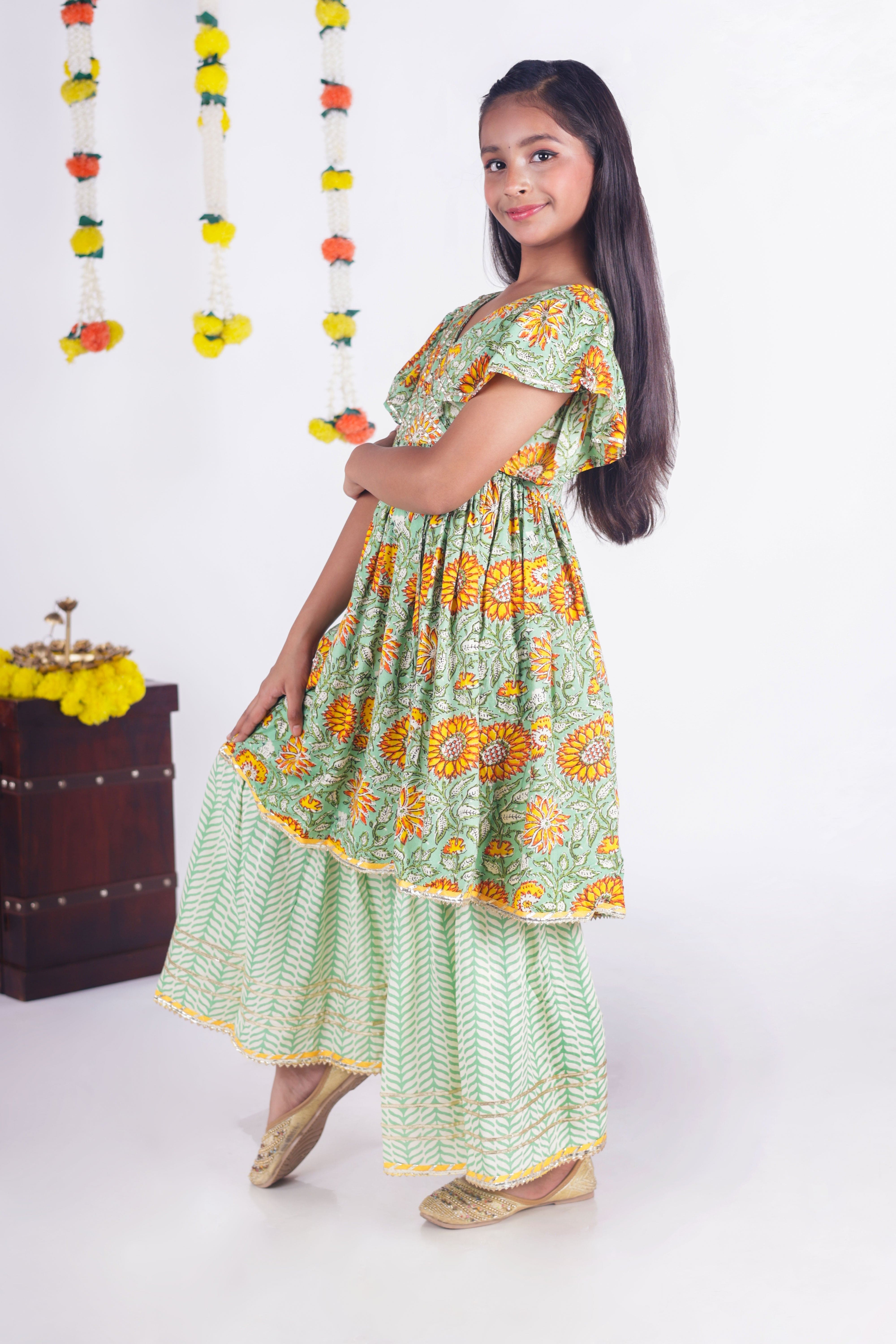 Elegant Dark Green Angrakha Kurta with Gota Embellishments, Sharara & Dupatta Set | Traditional Indian Ethnic Wear for Festivals, Weddings & Special Occasions