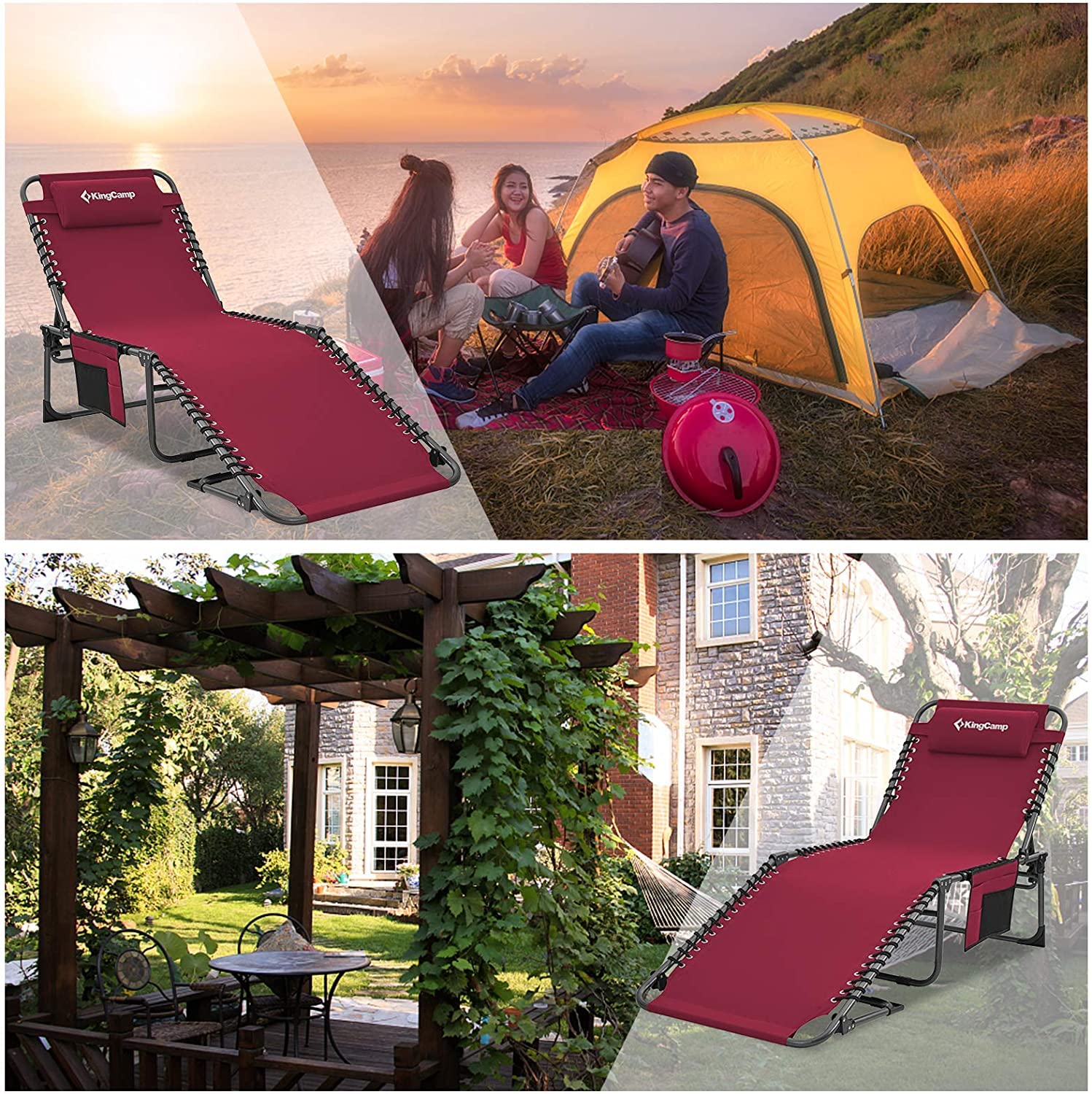 KingCamp Folding Chaise Lounge Chair - Heavy Duty Adjustable Outdoor Sun Chair for Camping, Beach, Pool & Patio - Lightweight Portable with Pillow - Perfect for Relaxing in Garden, Lawn or Backyard