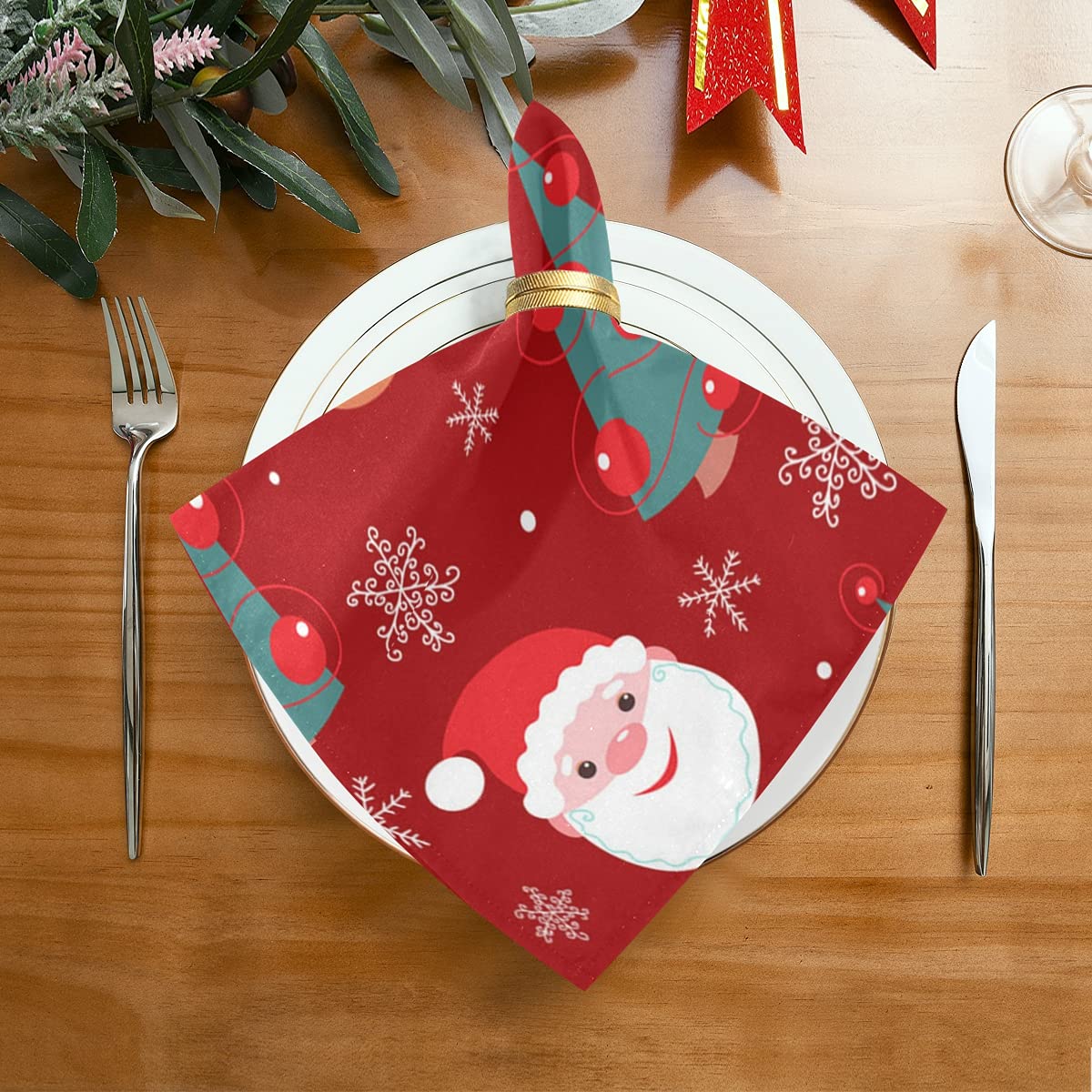 Festive Santa Claus Christmas Cloth Napkins - Set of 6 Reusable 20x20 Inch Polyester Dinner Napkins for Holiday Parties, Weddings & Home Decor (Red & White Holiday Table Setting)